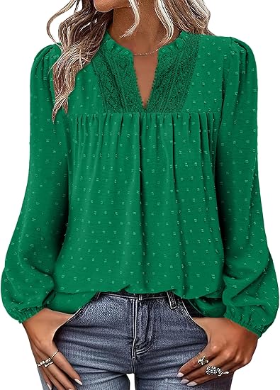 BETTE BOUTIK Women Boho Long Sleeve Shirts Dressy Casual V Neck Fall Fashion Tops Swiss Dot Flowy Blouses