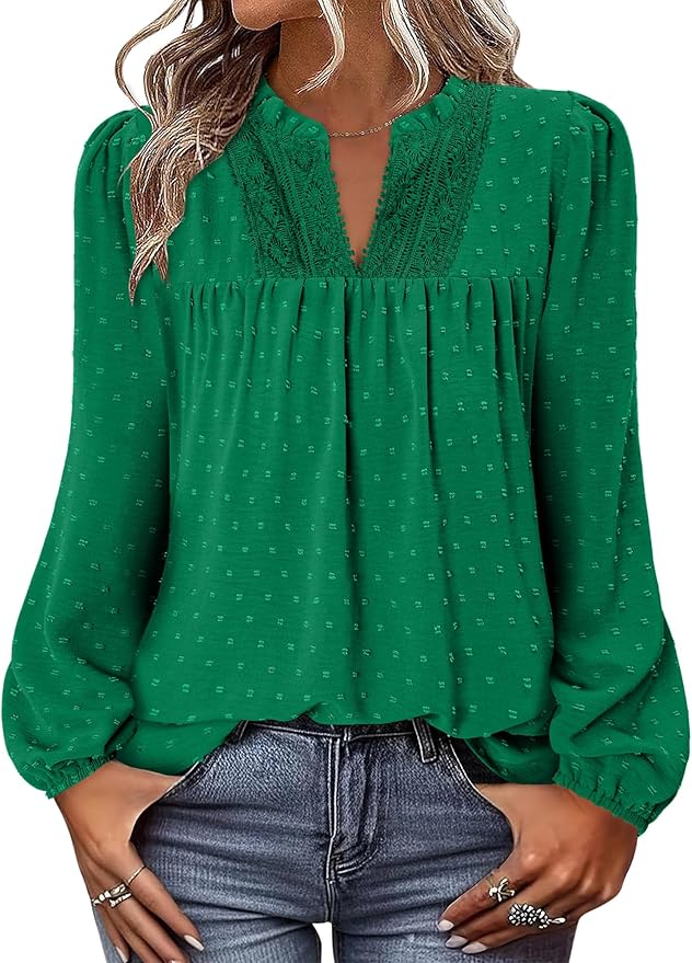 BETTE BOUTIK Women Boho Long Sleeve Shirts Dressy Casual V Neck Fall Fashion Tops Swiss Dot Flowy Blouses
