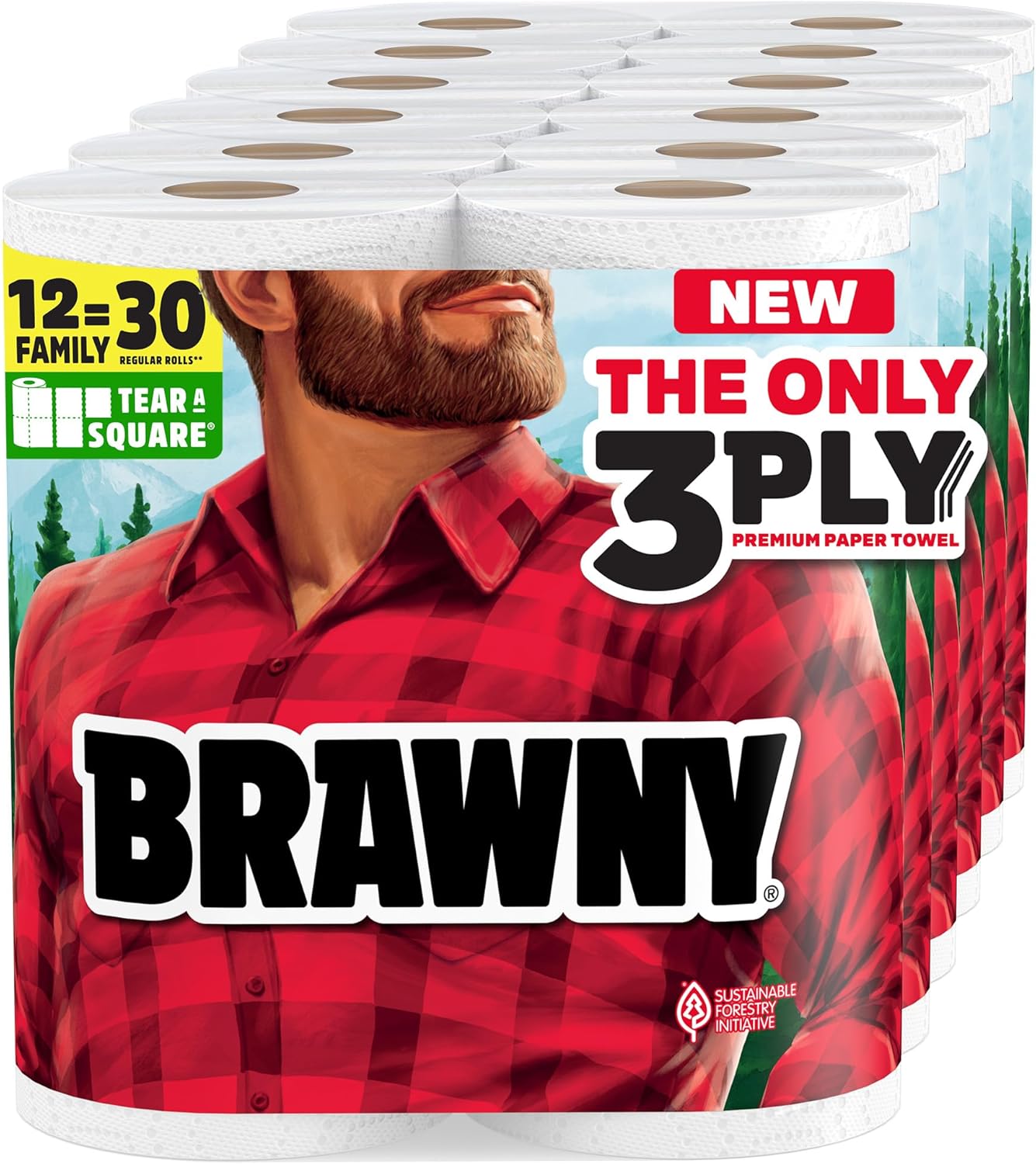 Brawny Tear-A-Square 3-Ply Paper Towels, 12 XL Family Rolls = 30 Regular Rolls, Strong, Absorbent, and Durable with 3 Sheet Sizes (Quarter, Half, Full) New