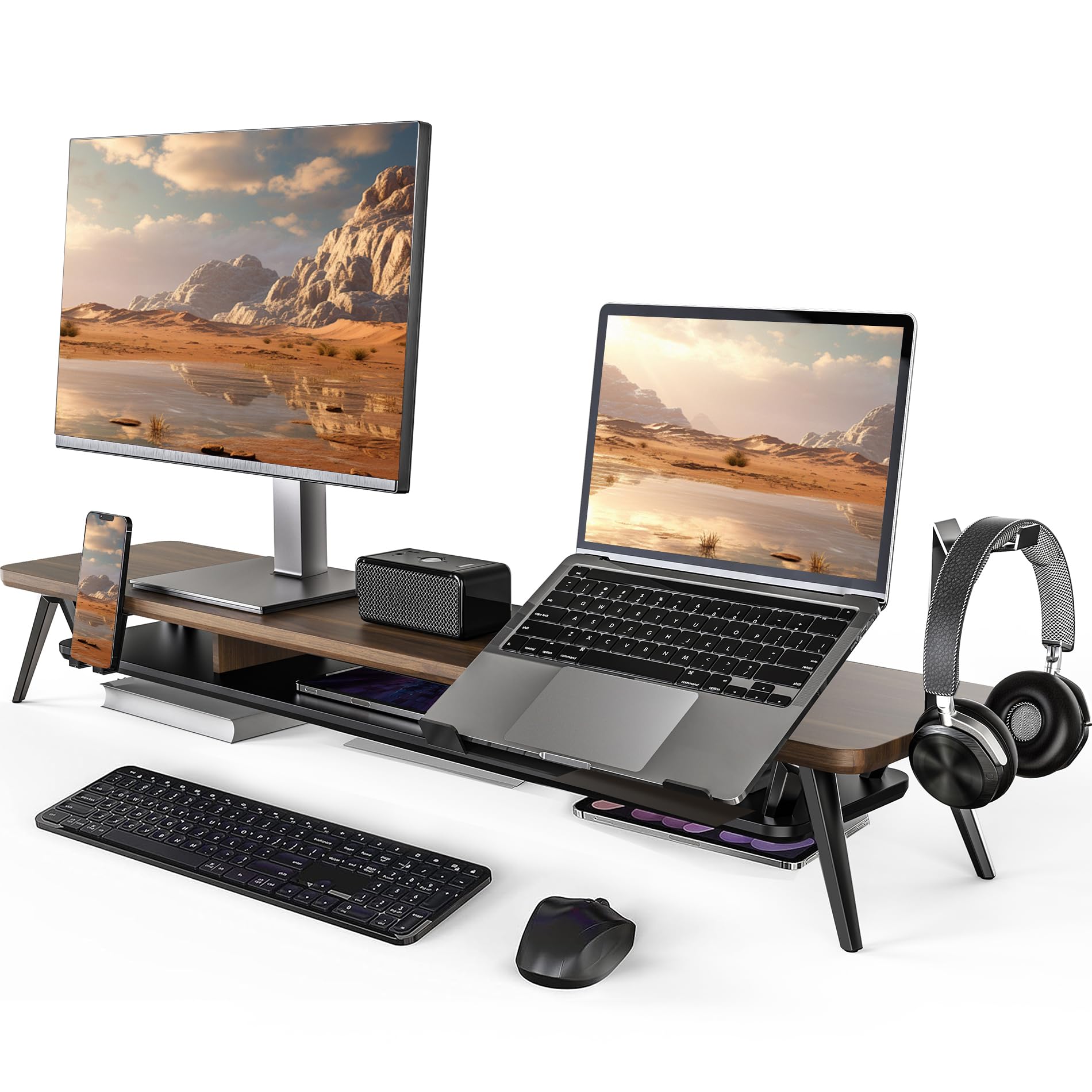 Fenge Dual Support d'Écran d'Ordinateur pour Téléphone/Pad,Ordinateur,Tablette,Casque Grand Écran Multifonctionnel À 2 Niveaux pour Ordinateur Portable, 108 x 23,5 x 14,5 cm-Charge de 50kg (Marron)