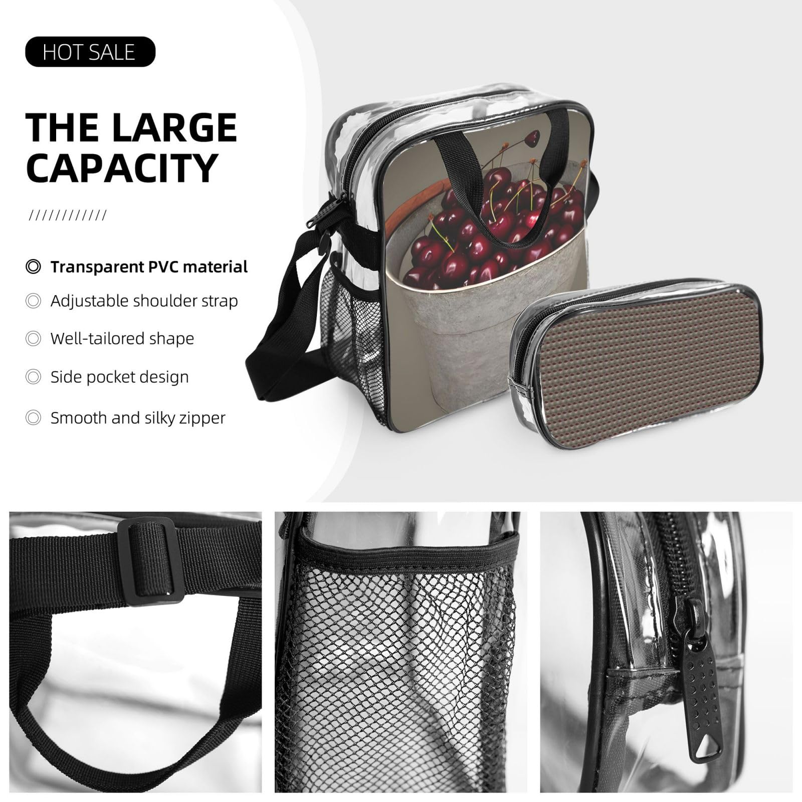 Zaino trasparente con stampa di ciliegie, unisex, per viaggi all'aperto, con astuccio trasparente per 3 penne