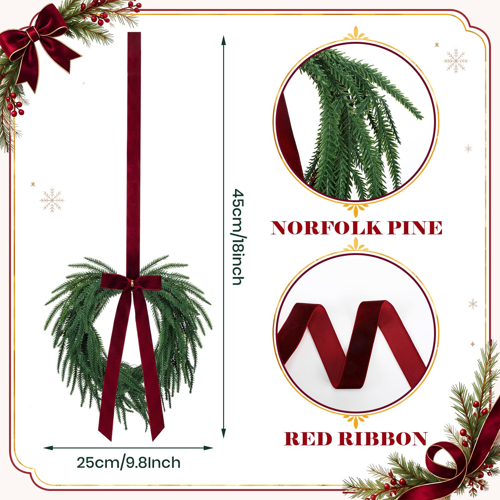 Dingion Lot de 4 petites couronnes de Noël en pin Norfolk avec baies rouges | Pommes de pin, décoration de vacances à suspendre pour armoires de cuisine, fenêtres, mur, décoration d'arbre de Noël