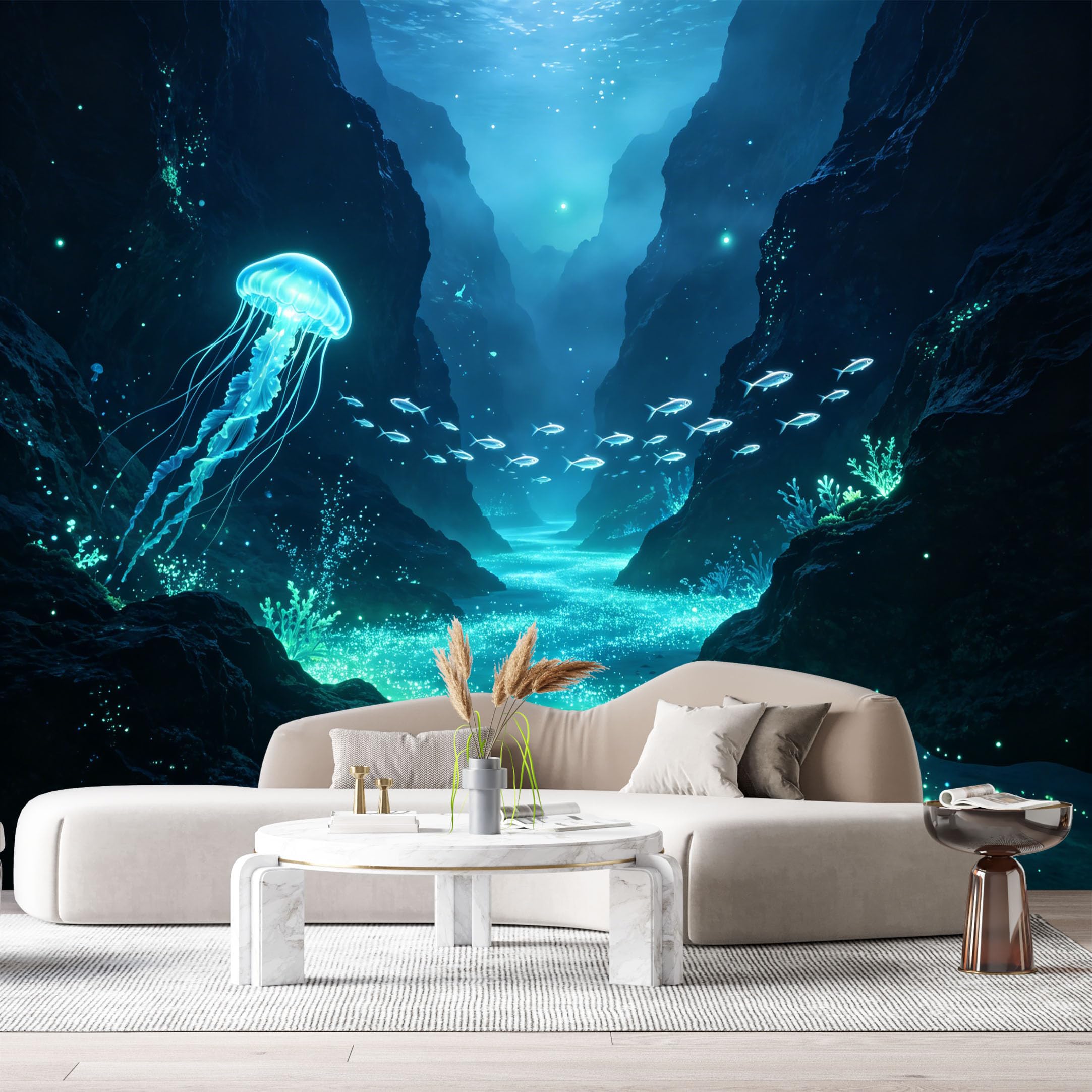 Custom Size Wall Murals Deep Sea Ocean Marine 3D Bioluminescent Jellyfish Glowing Underwater Canyon SelfAdhesiveWall Fabric Removable Wallpaper Wall Decor for Living Room Bedroom Bathroom