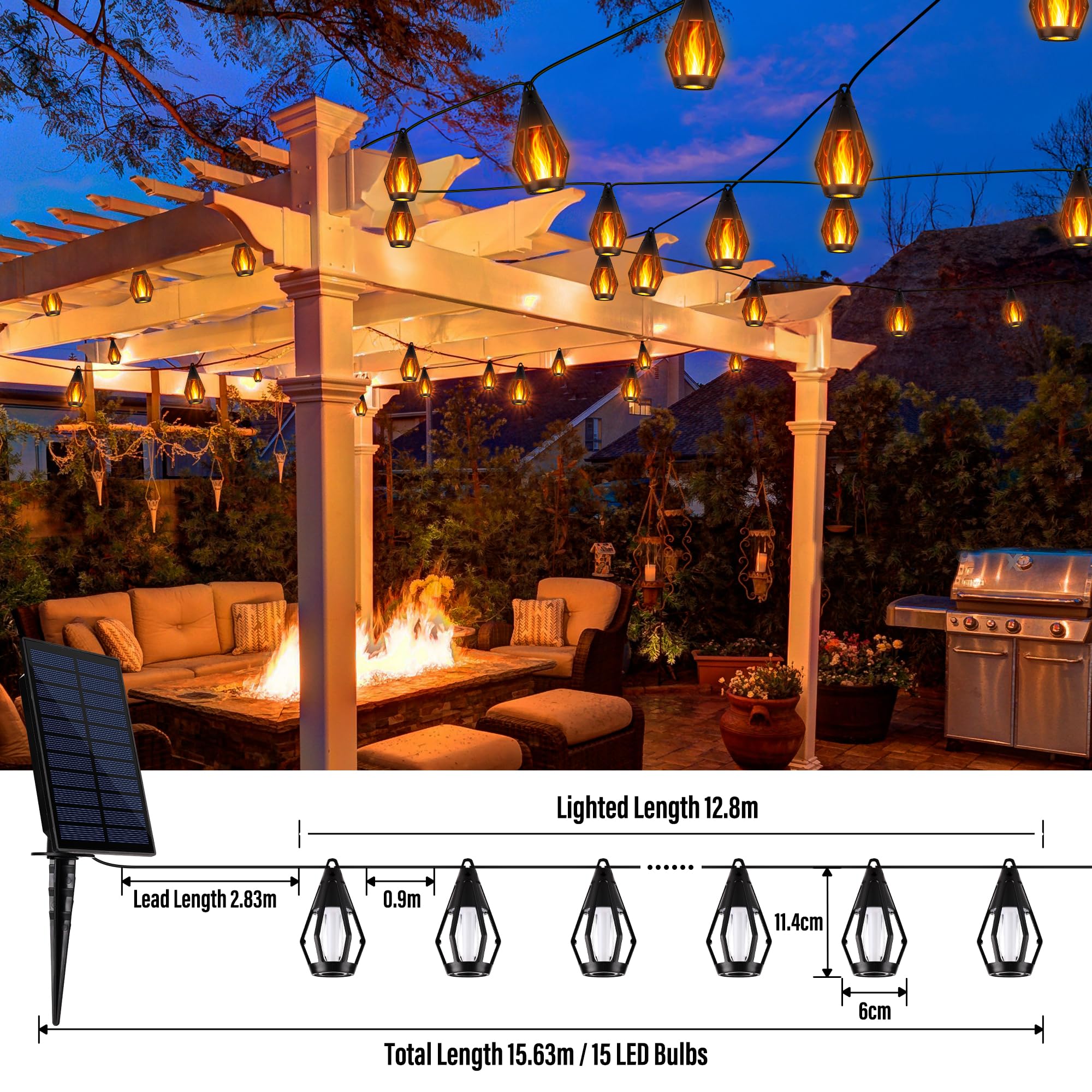 Barra luminosa solare con 15 LED, 12,6 m, per giardino, terrazza