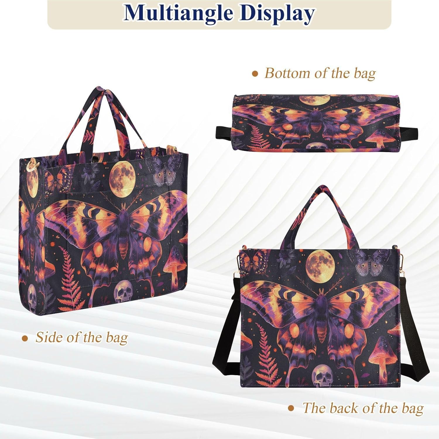 MNSRUU Corduroy Tote Bag for Women, Skull Butterflies under Full Moon Tote Bag with Compartments Crossbody Bag Hobo Handbag Women's Satchel Tote Shoulder Bag for Shopping Work Travel