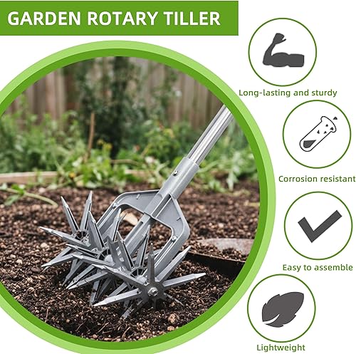 Miniatura 7 de Cultivador giratorio, herramienta de jardín ajustable con púas de metal sólido desmontables para aflojar y mezclar tierra, cultivador de jardín