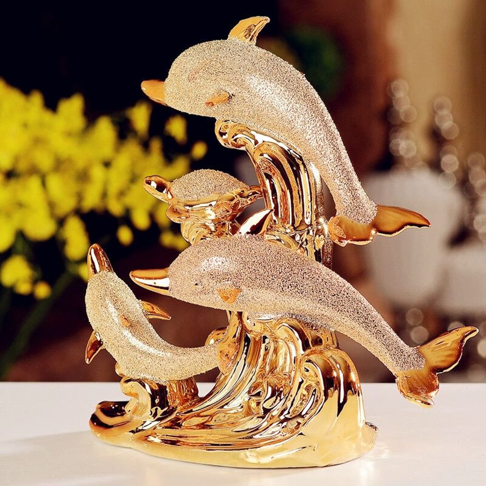 YUANXIN Estatua de Delfines Decoración de Delfines para el hogar Cerámica Decoraciones de Delfines Decoraciones de Animales Muebles para el hogar Moda Lujo Elegante Regalos de Boda (Oro)