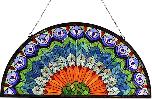 Bieye W10034 Panel de ventana de vidrio manchado estilo Tiffany con forma de pluma de pavo real, colgante con cadena, 36 pulgadas de ancho, forma