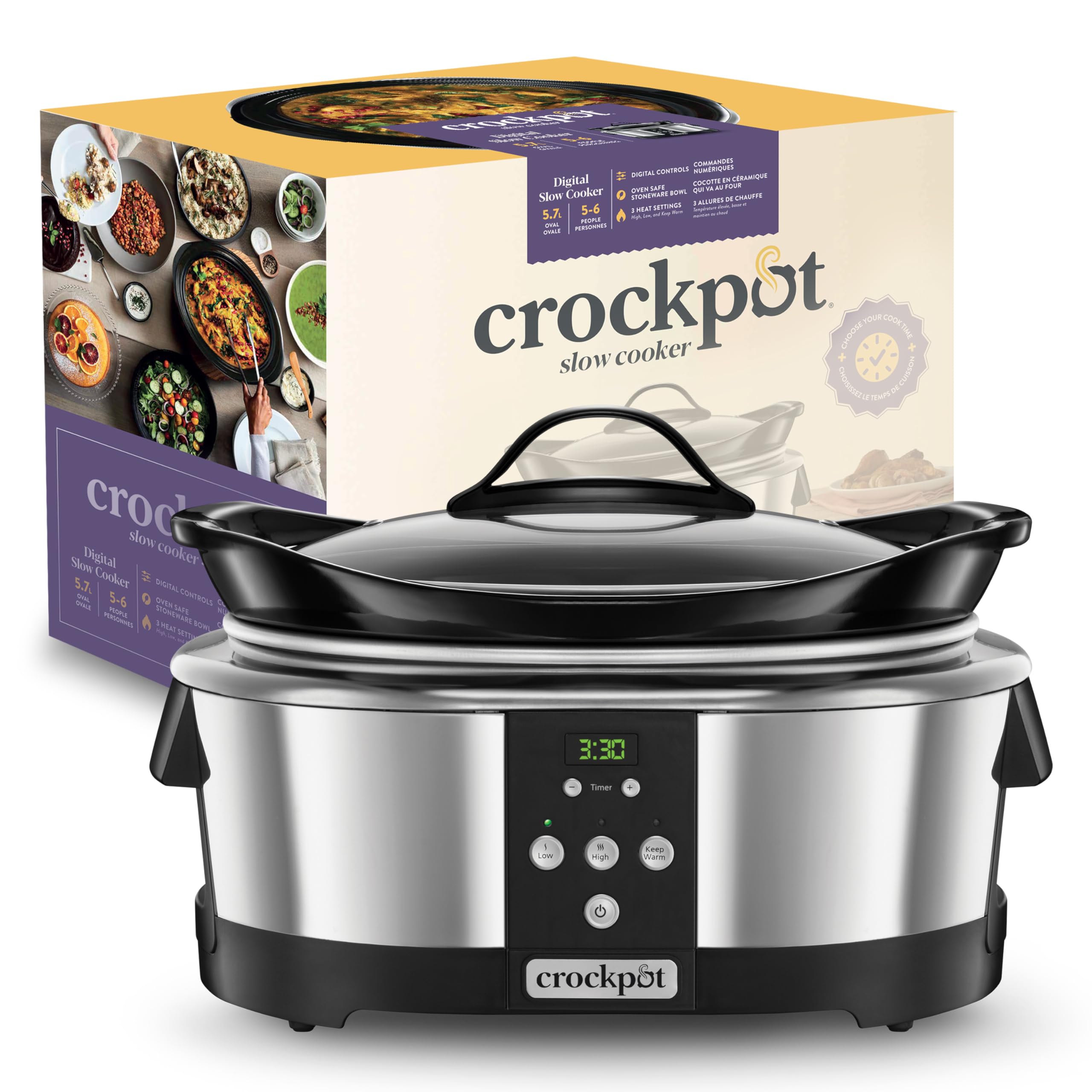 Crockpot Digital-Schongarer Slow Cooker | 5,7 l (5–6 Personen) | programmierbar mit digitalem 20-Stunden-Timer | Ofenfeste Schüssel | Edelstahl [SCCPBPP605]