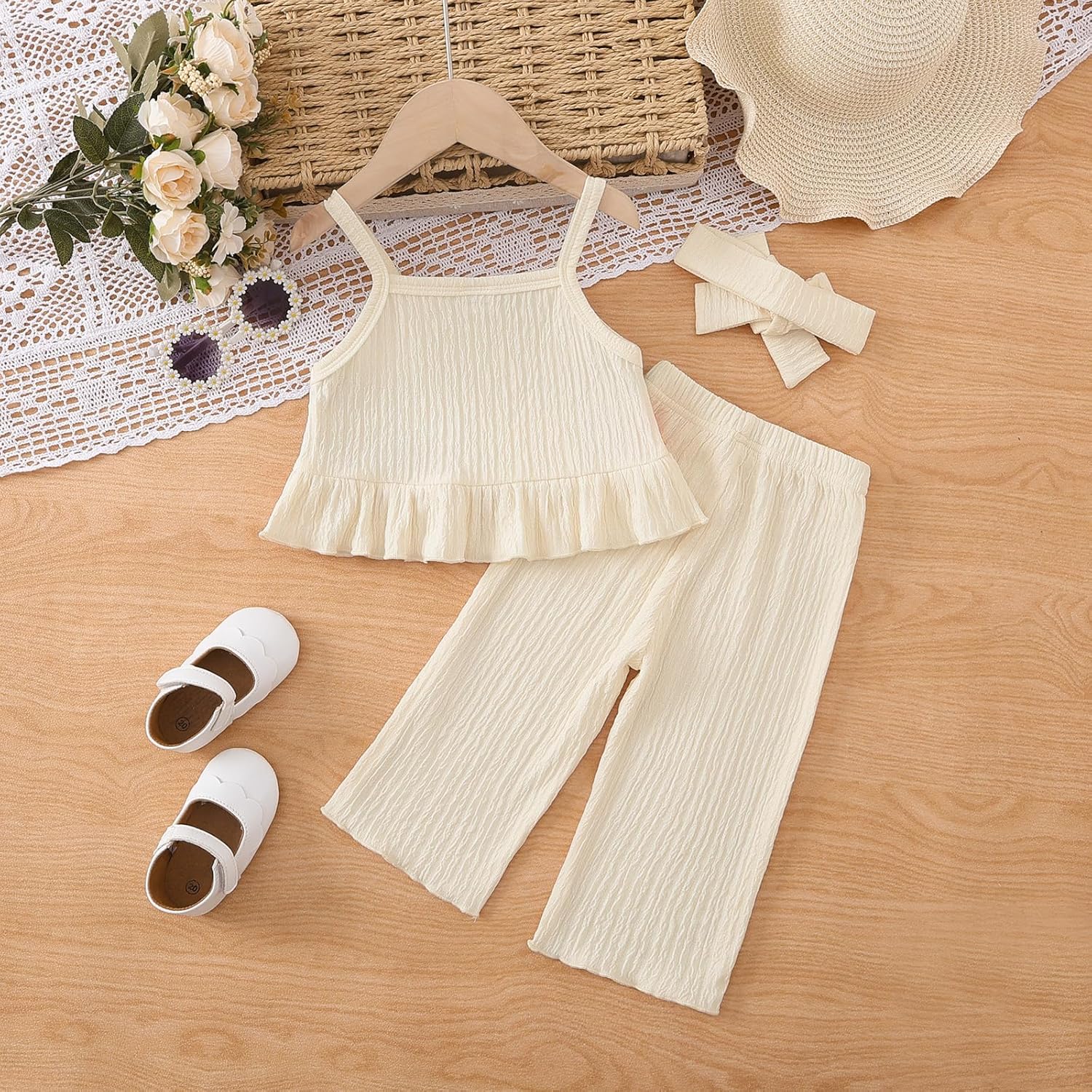 Toddler Baby Girl Summer Clothes Outfits Crocheted Ruffle Camisole Pants Kids Clothing Set - Image 3