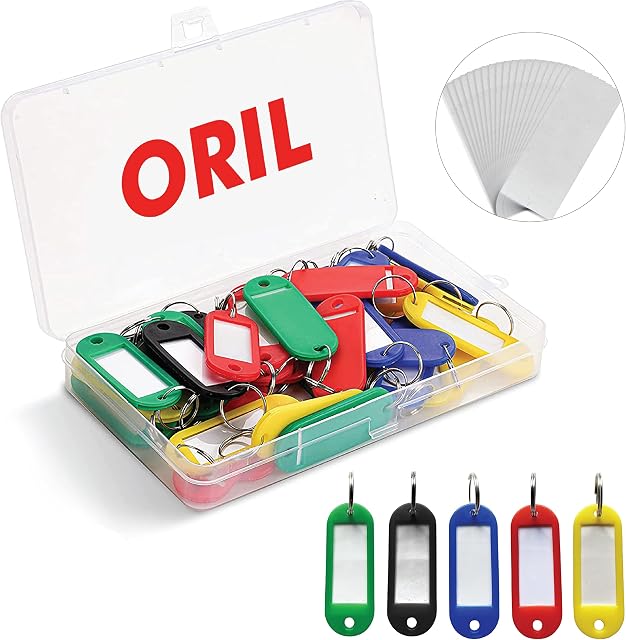 ORIL® 50 Pieces Key Tags with Labels | 5 Colors Plastic Key Rings with Split Rings for Keys | Plastic Box Key Fobs with Extra Paper Labels for Luggage, Pet Name, Memory Stick, School, Office & Home