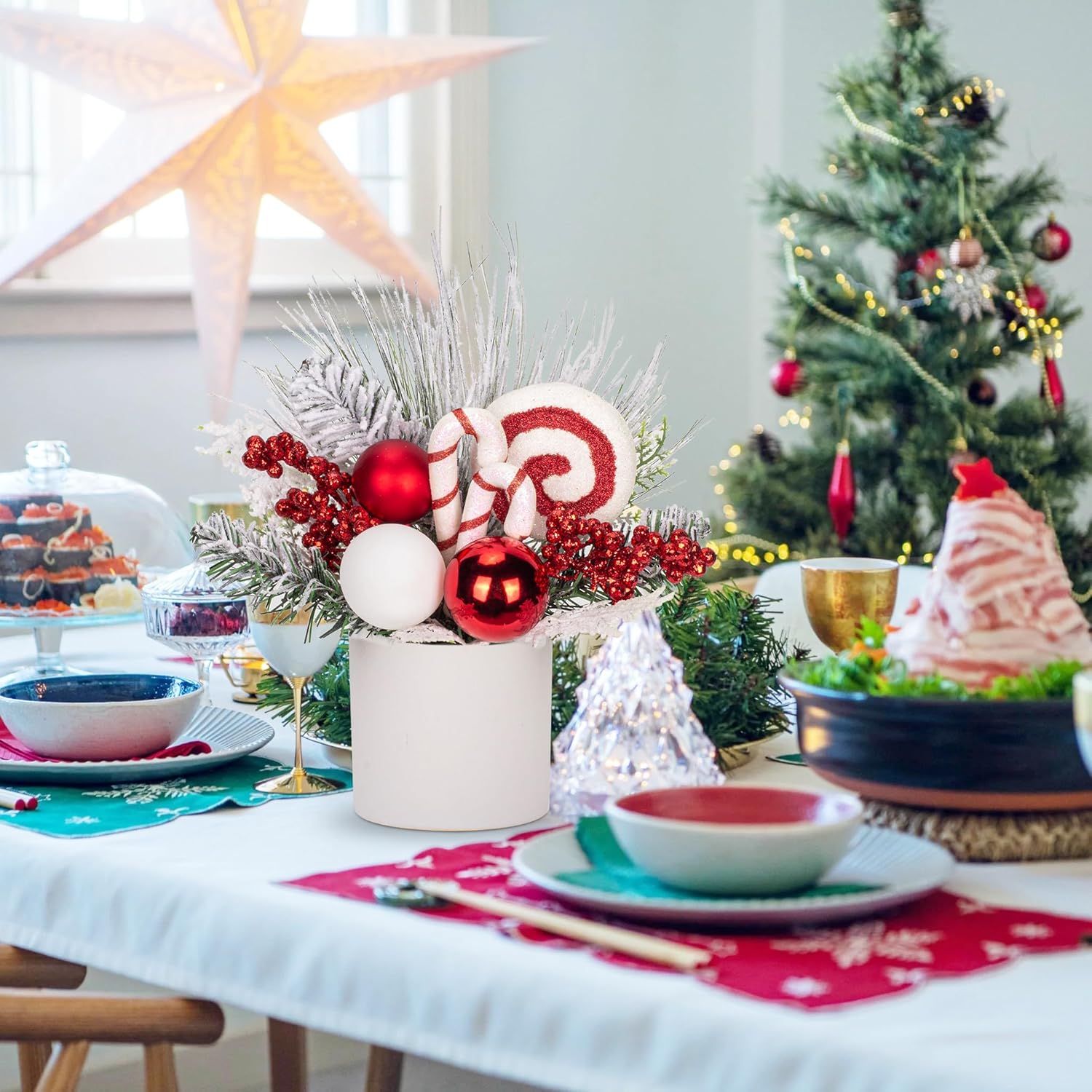Hollyone Small Christmas Tree Tabletop 12' Fake Potted Plant with Christmas Ornaments Red Berry Decor for Table Home Office Arrangement Indoor