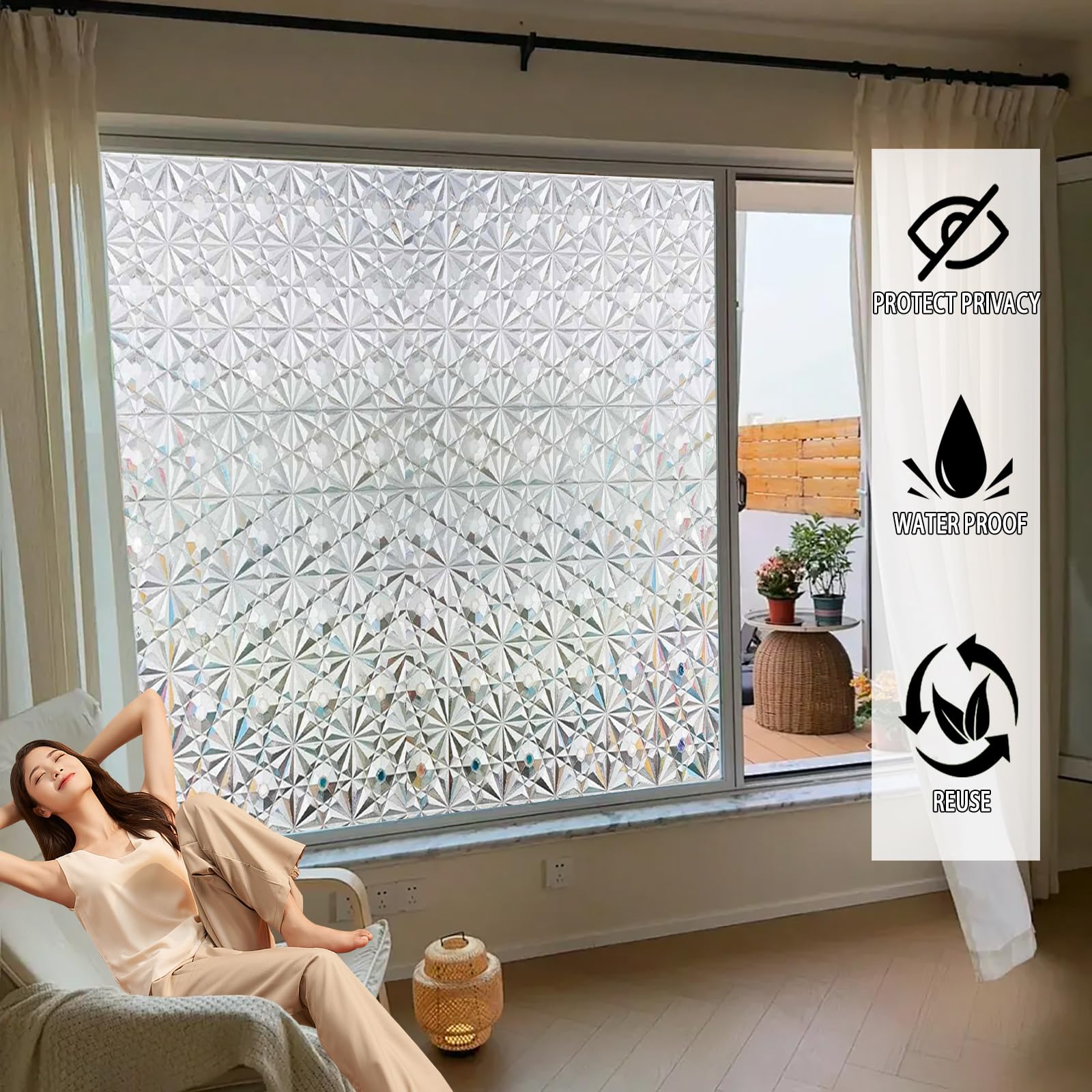 Window Privacy Film 80 x 400 cm Blokująca Promienie Uv, Matowa, Nieprzezroczysta, Zdejmowalna, Przylegająca Elektrostatycznie, Folia Na Szkło Matowe Na Okna, Diament 3D