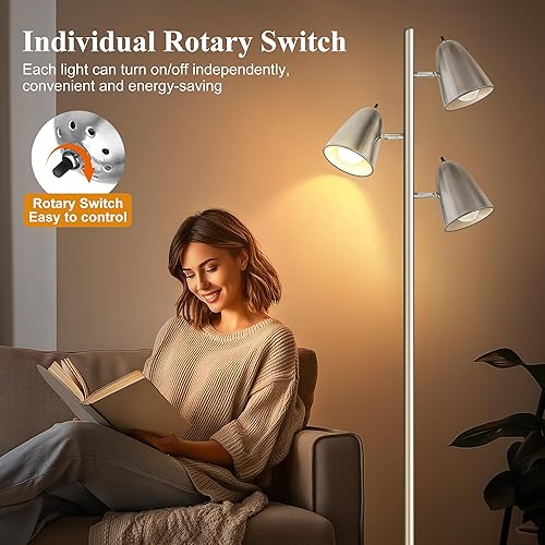Miniatura 4 de QiMH Lámpara de pie de árbol con 3 bombillas, lámparas de poste alto de pie para sala de estar, dormitorio, oficina, lámparas de pie de lectura con