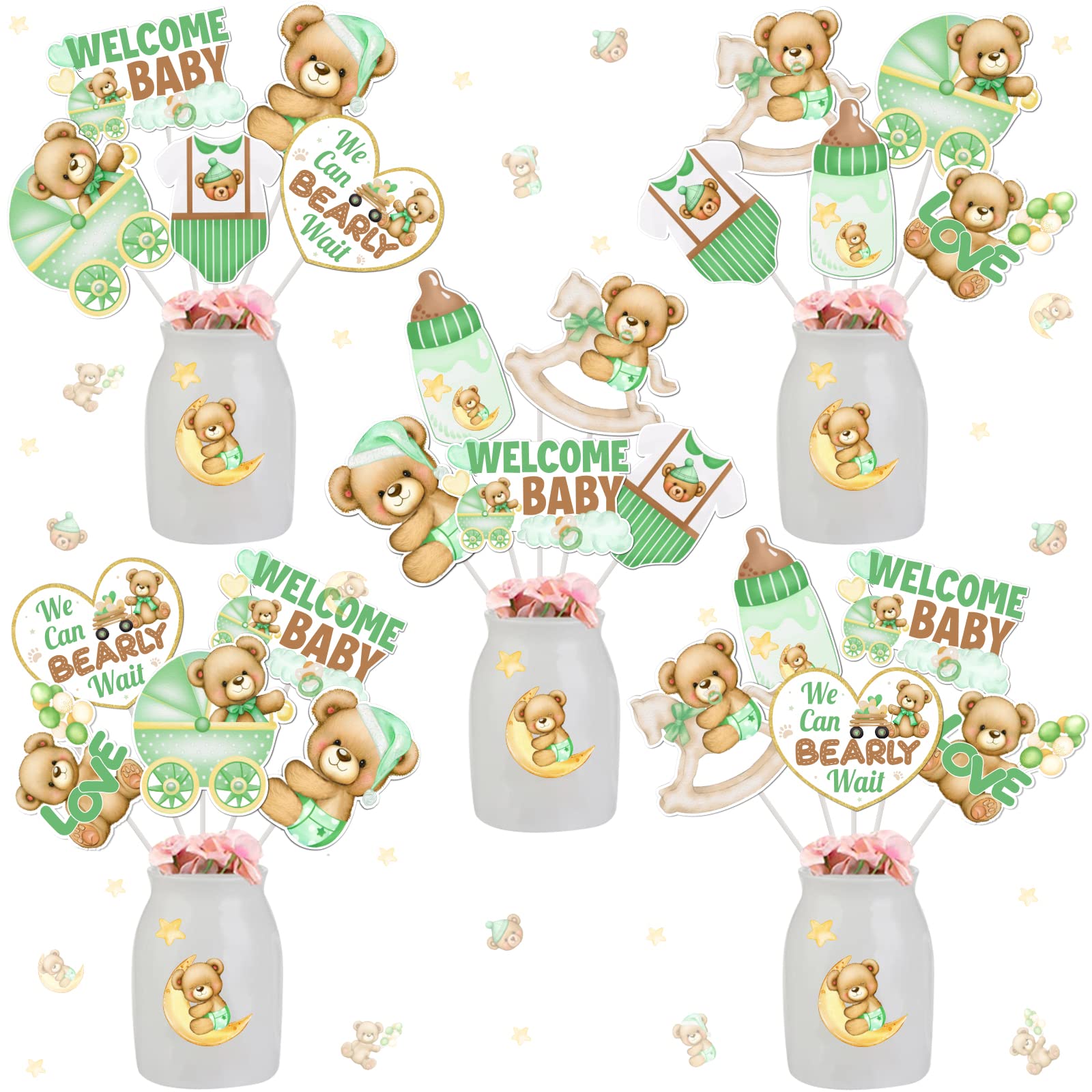24 PCS Bear Baby Shower Centerpiece Sticks Sage Green - We Can Bearly Wait Baby Shower Decorations, Double Sided Printing Table Toppers Greenery for