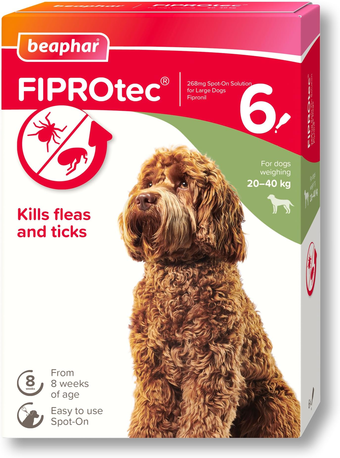 Beaphar - FIPROtec Spot-On Flea & Tick Treatment for Large Dogs 20-40kg – 6 Pipettes - Kills Fleas & Ticks - Veterinary Medicine - Easy to Apply Monthly - Suitable for Dogs & Puppies from 8 Weeks