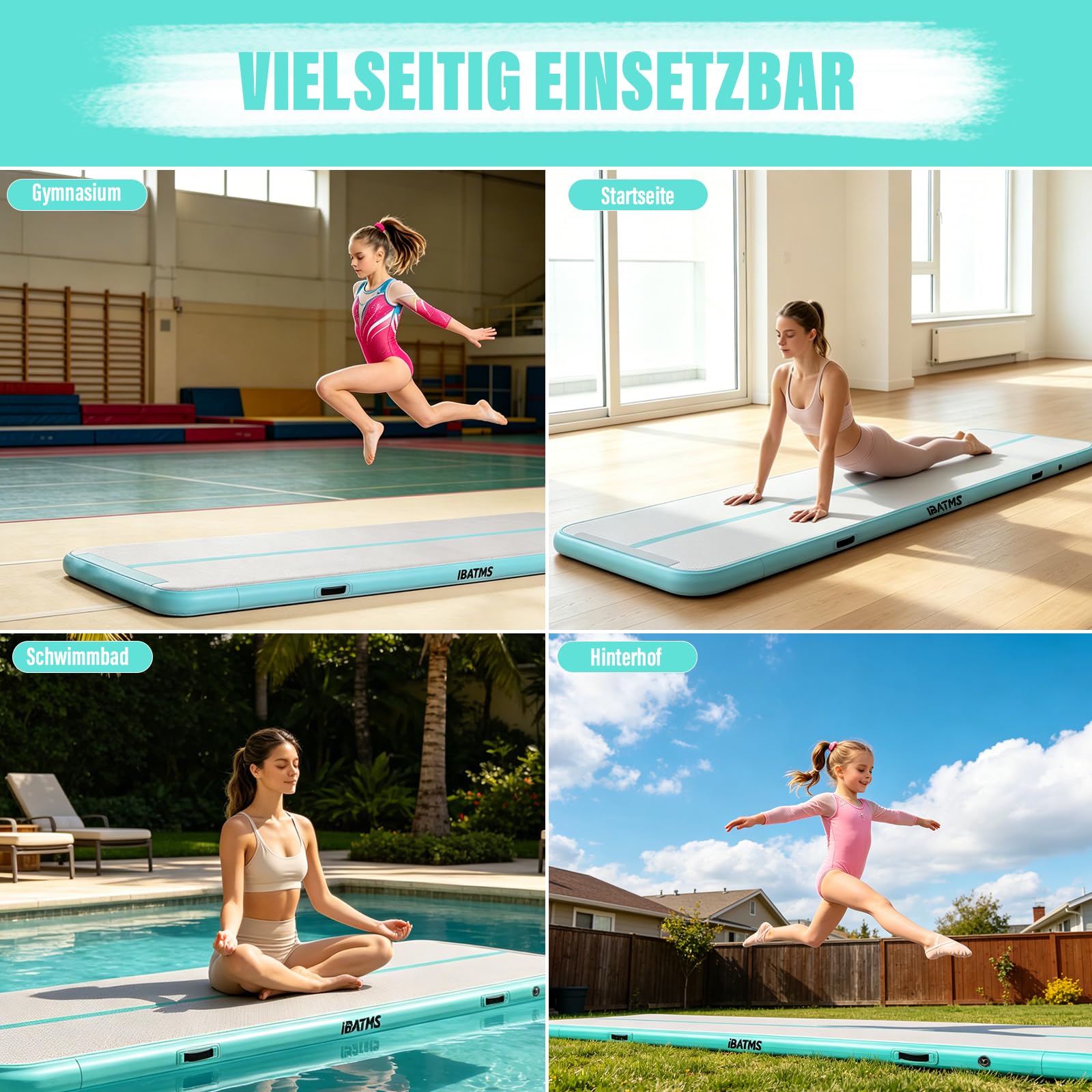 IBATMS Air Matte Track 3M 4M 5M 6M, Aufblasbare Turnmatte & Gymnastikmatte für Kinder, Tumbling Matte mit elektrischer Luftpumpe für Zuhause, Outdoor, Garten, Gymnastik & Training