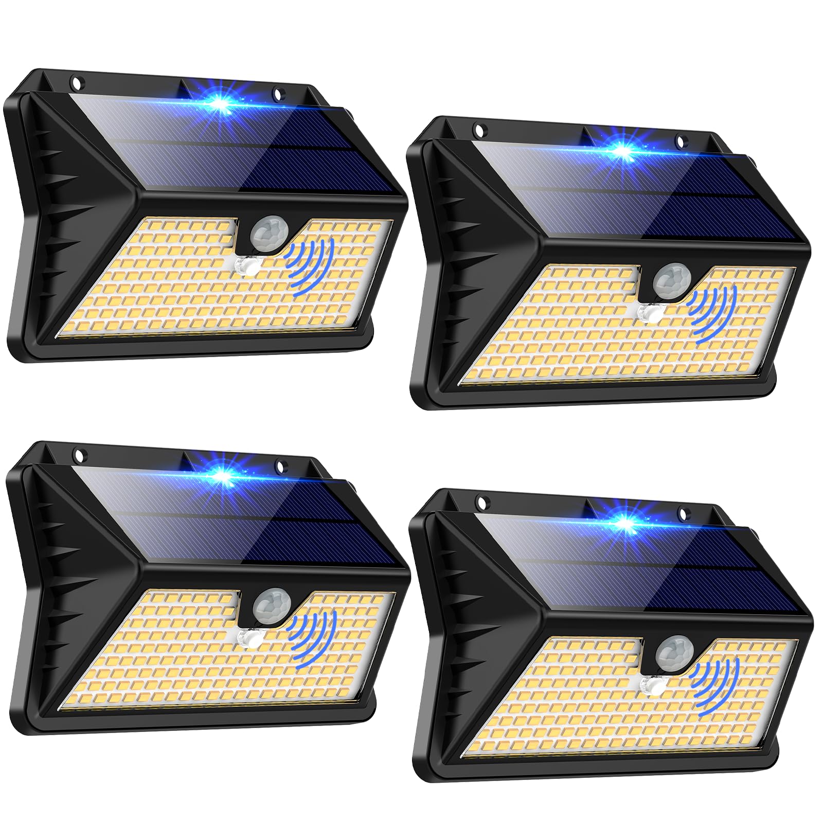OUILA Faro LED Esterno con Pannello Solare, 4 Pezzi, Luce Solare LED Esterno con Sensore di Movimento, 185 LED/3 Modos, IP65 Impermeabile, Bianco Caldo
