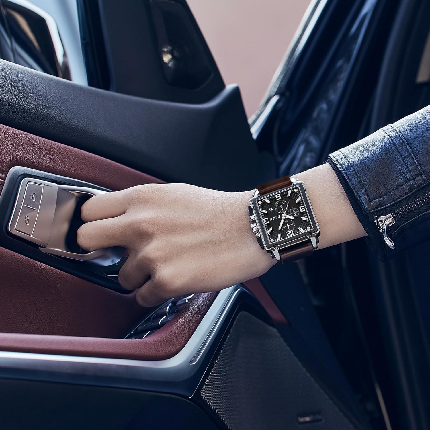 ZUNPAI Square Watches for Men Chronograph Quartz Analog, Mens Sport Watch with Leather Strap Waterproof Calendar for Men - Image 4