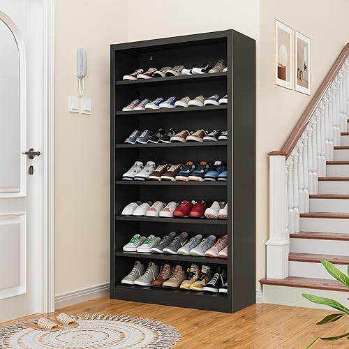 Miniatura 11 de Zapatero de almacenamiento de acero resistente de 7 niveles, estantería ajustable con panel trasero para uso en el hogar, la oficina y el garaje,