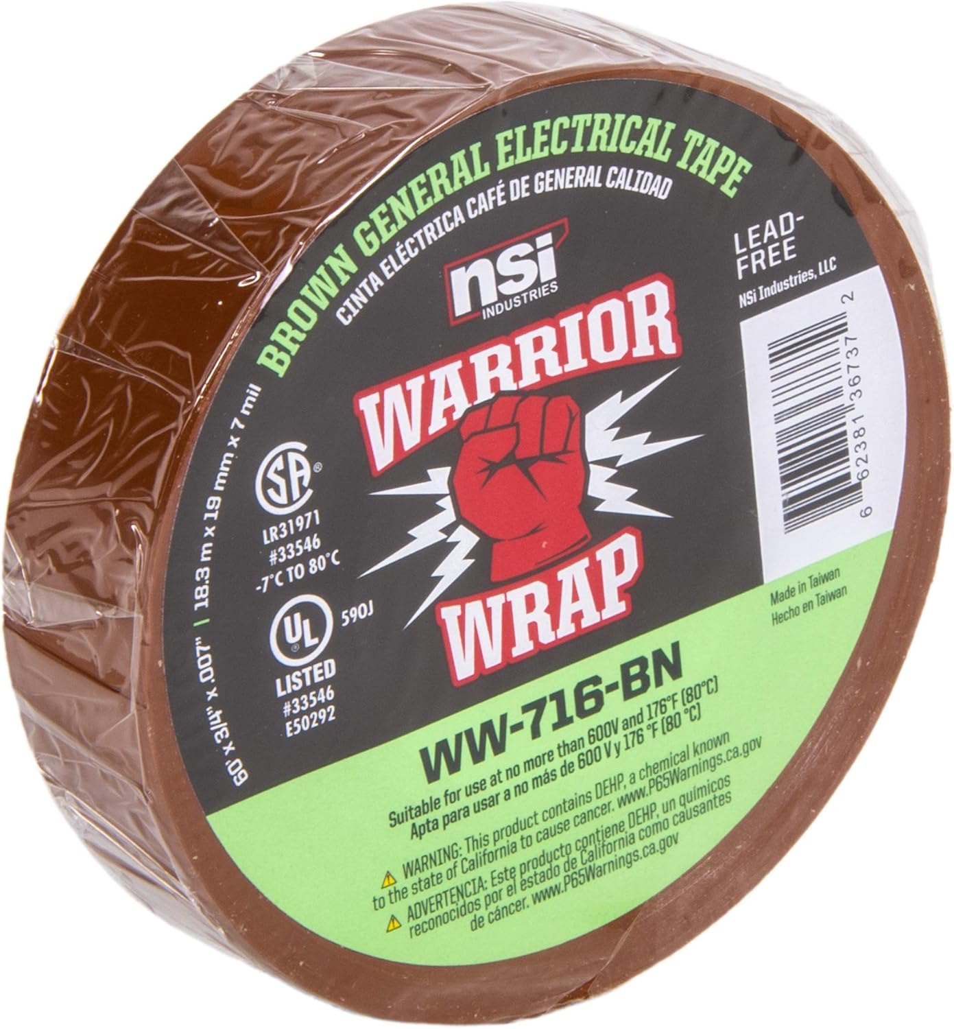 WarriorWrap General 3/4 in. x 60 ft. 7 mil Vinyl Electrical Tape, Brown
