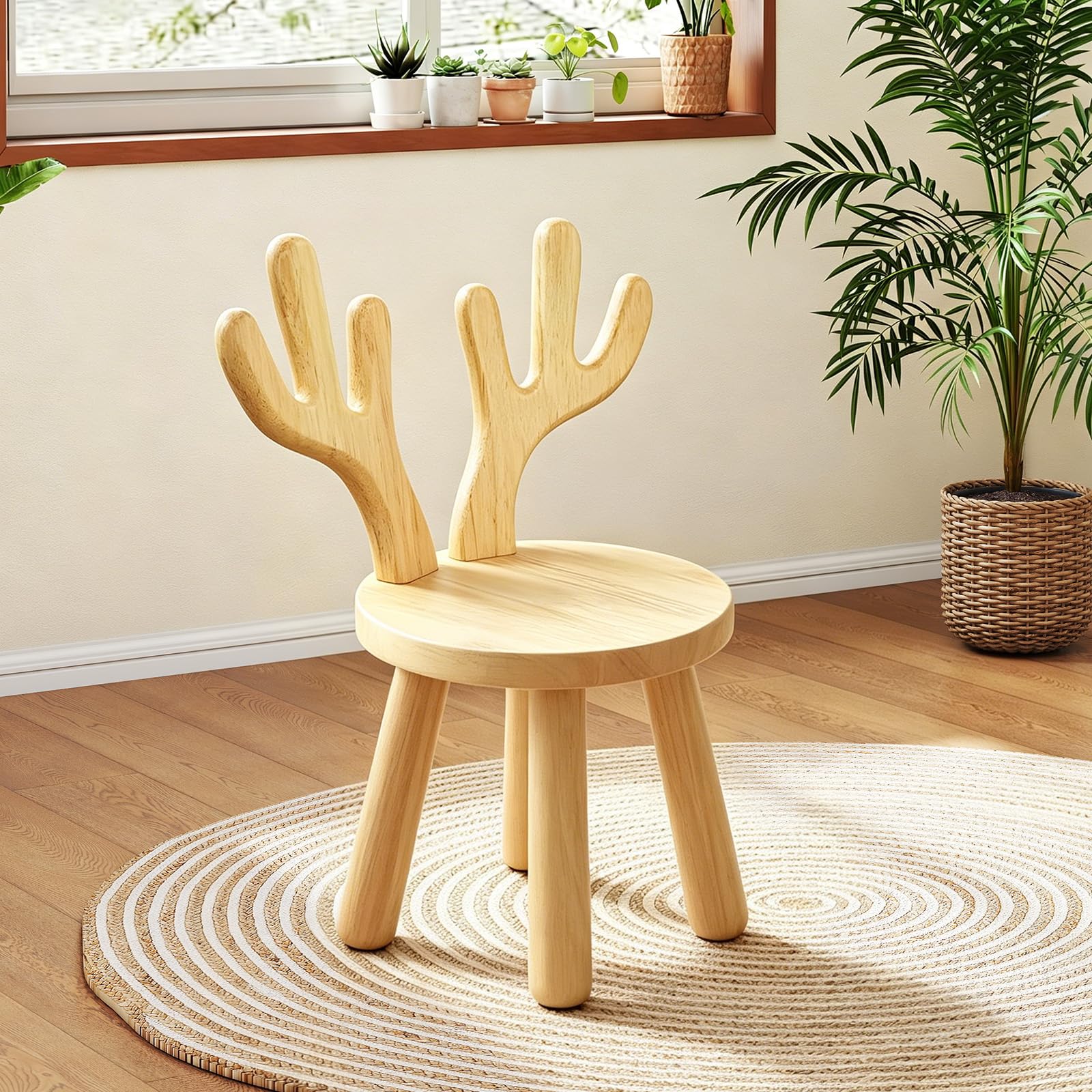 Kinderstuhl Holz ab 3 Jahren – Massivholz Kinderhocker 45 x 26cm mit Hirschgeweihform-Rückenlehne, kinderhocker holz 25cm Sitzhöhe, stabiler Holzstuhl für Kinderzimmer, Essen, Malen & Lesen