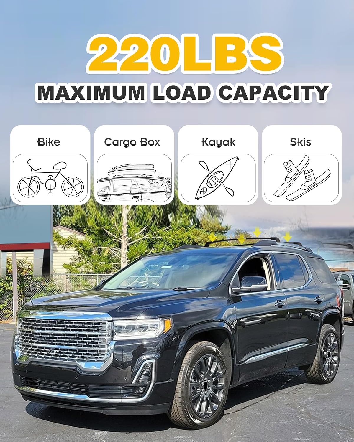 220lbs Cross Bar Roof Rack Fit for GMC Acadia 2017-2023 Cargo Carrier Crossbar Rooftop Accessories (with Side Roof Rails)