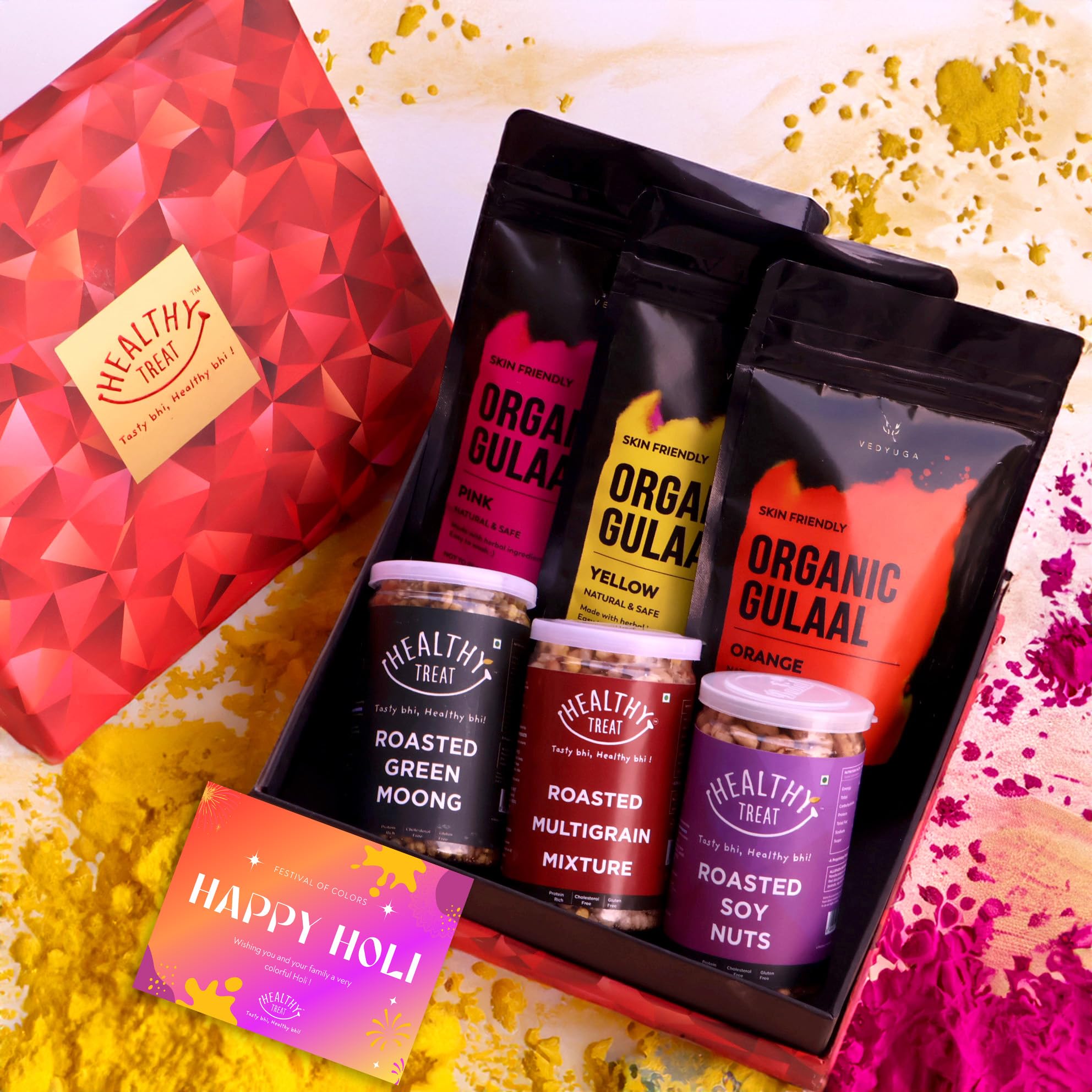 Healthy Treat Color Crunch Holi Gift Hamper with Herbal Gulal | Holi Gift Box | Roasted Snacks Gift Hamper | Herbal Gulal | Corporate Gifts | Skin Friendly Holi colour | Premium Gift Hamper
