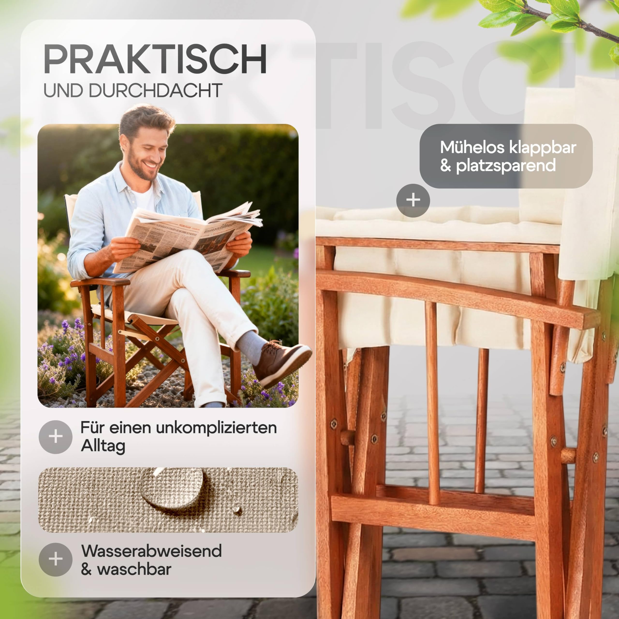 Casaria® Premium Regiestuhl 2er Set aus FSC®-zertifiziertem Eukalyptusholz - Gepolsterte Klappstühle mit Armlehnen, waschbarem Bezug & extra Sitzkomfort, bis 160 kg belastbar