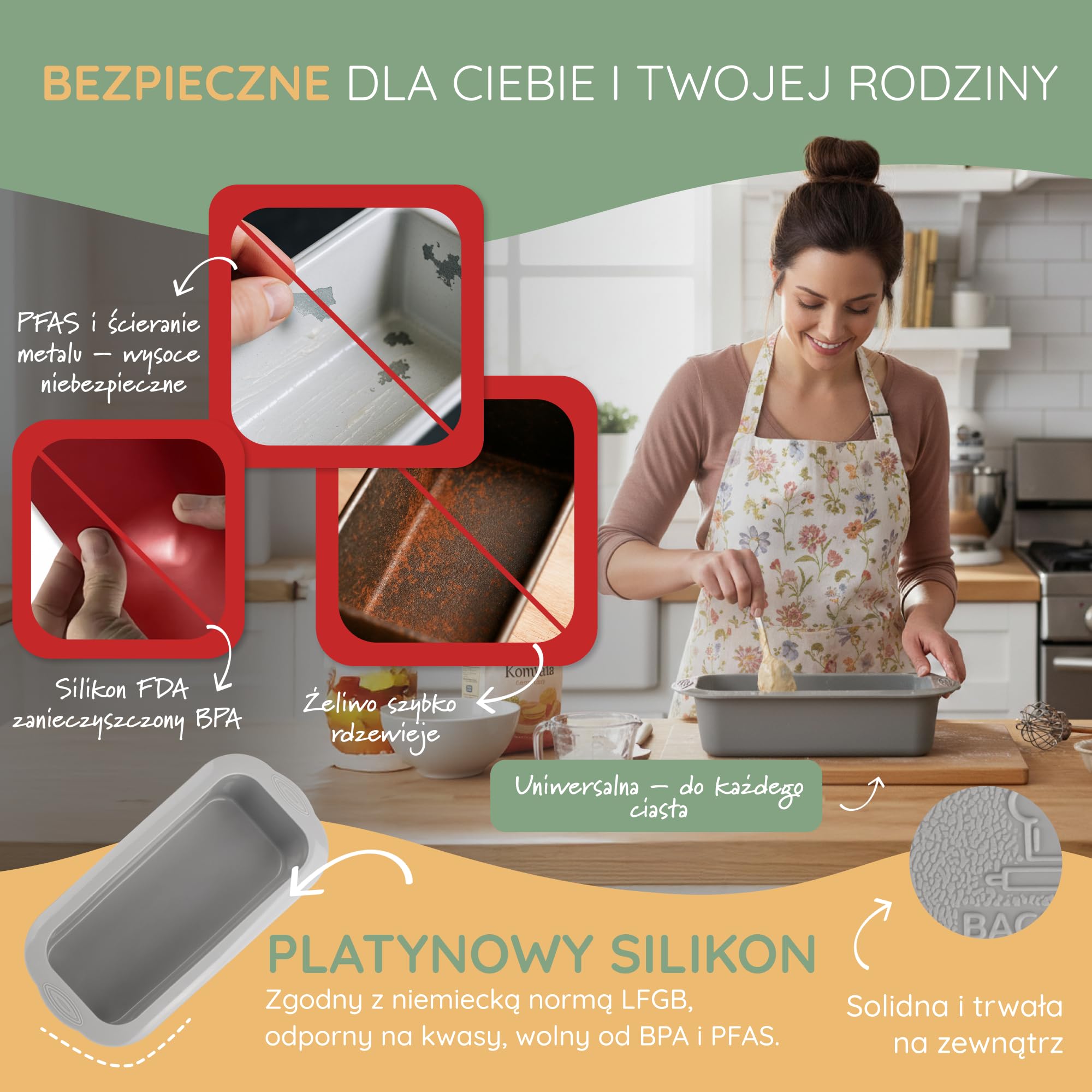 Backefix forma do pieczenia chleba z silikonu, 26 cm – Duża forma do pieczenia w kształcie prostokąta o pojemności 2100 ml na chleb i ciasto z dodatkową grubością ścianek, aby zapobiec wypukłym