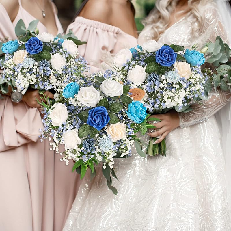 N&T NIETING Művirág Gypsophila Csomag - 10 db Élethű Fátyolvirág Csokor Esküvőre és Lakásdekorációhoz, Kék és Fehér, 54 cm