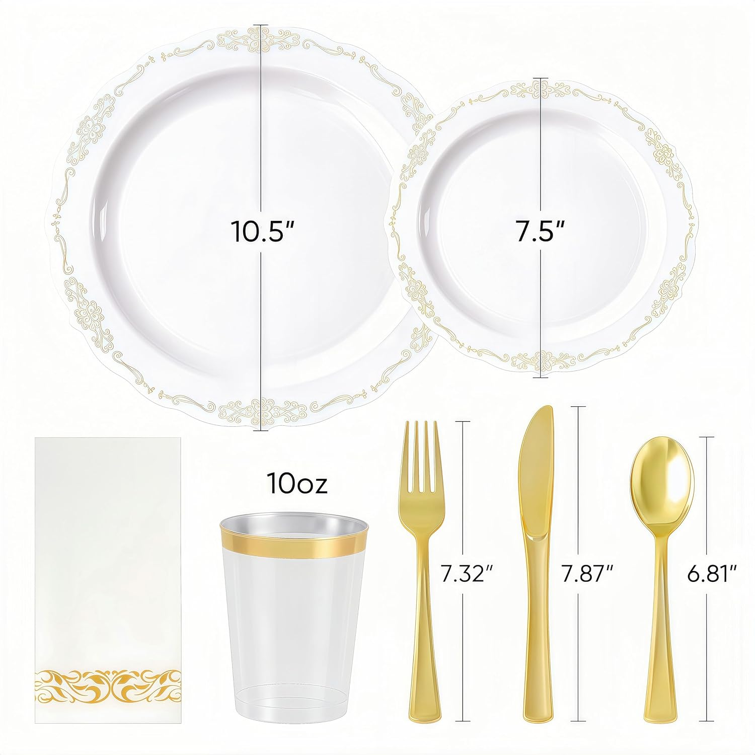 Fijinhom 350 PCS White and Gold Disposable Plates, Elegant Dinnerware Set for 50 Guests, 100 Plastic Plates, 150 Silverware, 50 Cups & 50 Paper Napkins, White and Gold - Image 3