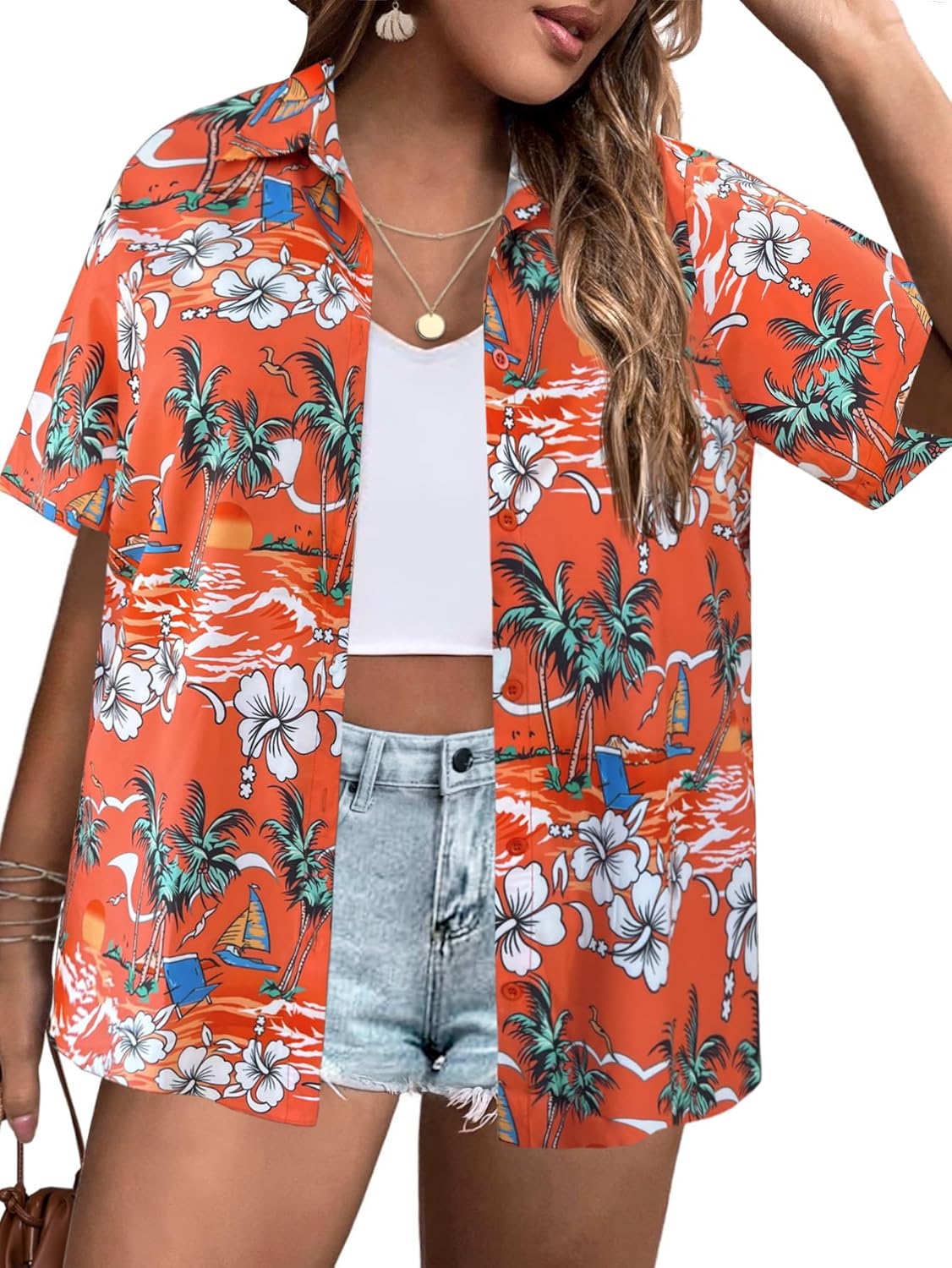 IN'VOLAND Women's Plus Size Hawaiian Shirts Short Sleeve Casual Floral Button Down Shirt Tropical Beach Blouse Summer Top