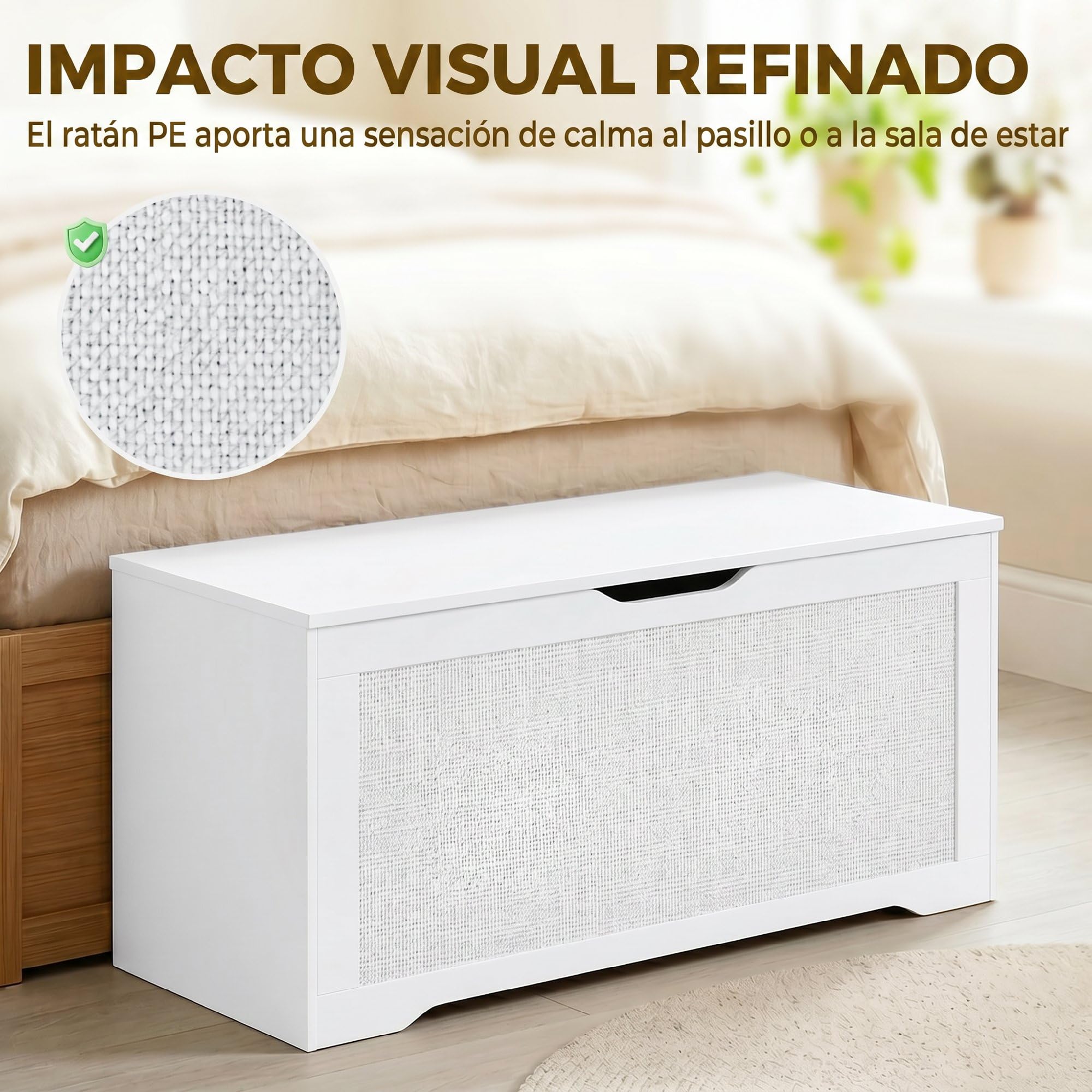HOMCOM Baúl de Almacenaje 136L Banco de Almacenaje 100x40x45 cm Blanco | Panel de Ratán, Tapa Elevable, Brazos de Soporte, Diseño Sin Tiradores, para Recibidor, Pasillo, Dormitorio, Salón