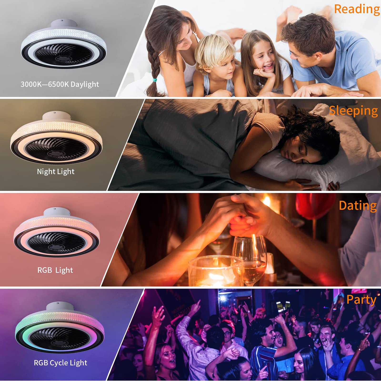 Ventiladores de Techo silenciosos con Luces RGB, Ventiladores de Techo Regulables con lámparas y Control Remoto, y Altavoz de música Bluetooth, Ventilador de Techo con iluminación