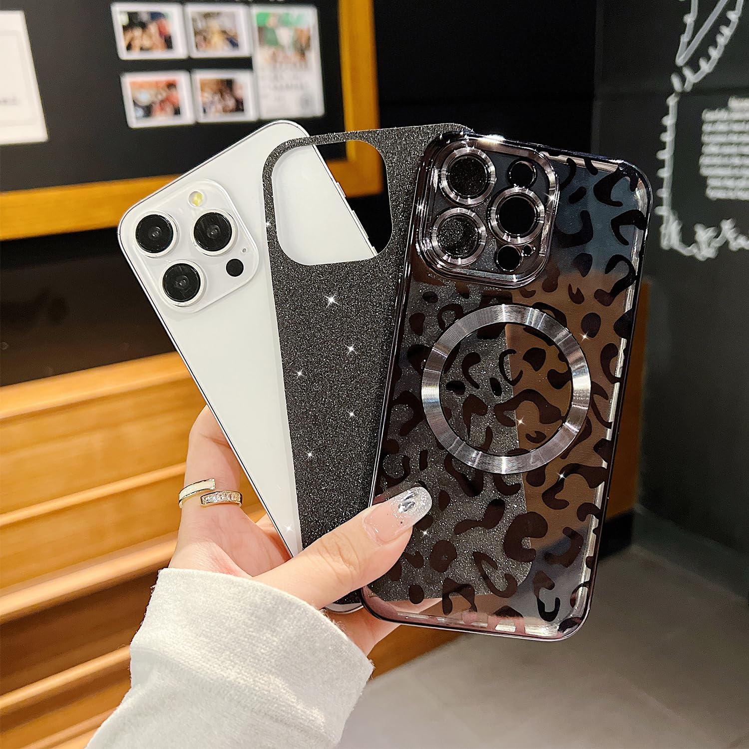 for iPhone 14 Pro Max Case Magnetic,Soft Cute Luxury Leopard Cheetah Pattern Plating Glitter Bling Phone Case Compatible with MagSafe Clear Shockproof Back Cover for Women Girl 6.7"-Black - Image 5