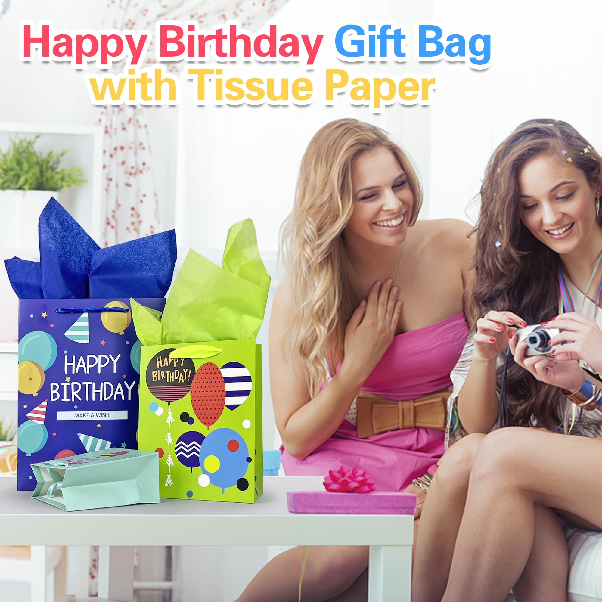 MUMULULU Paquete de 10 bolsas de regalo de cumpleaños con asa de cinta y papel de seda, varios tamaños y diseños, bolsa de regalo de cumpleaños de 3 tamaños para envolver regalos de cumpleaños