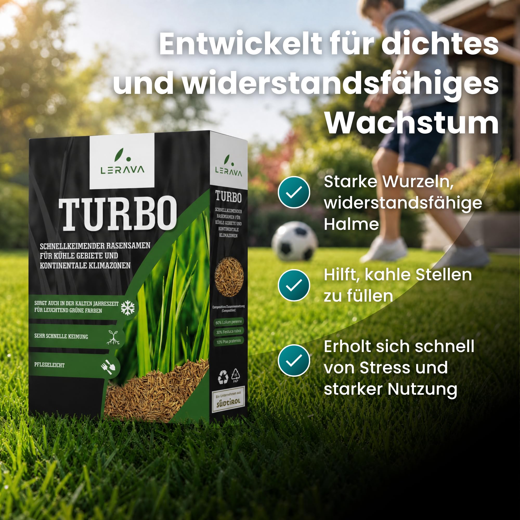 LERAVA Turbo Rasensamen schnellkeimend (360 m²) - Schattenrasen für kühle Gebiete - Leuchtend grüner & robuster Grassamen zur Nachsaat - Rasensaat für Frühjahr & Herbst