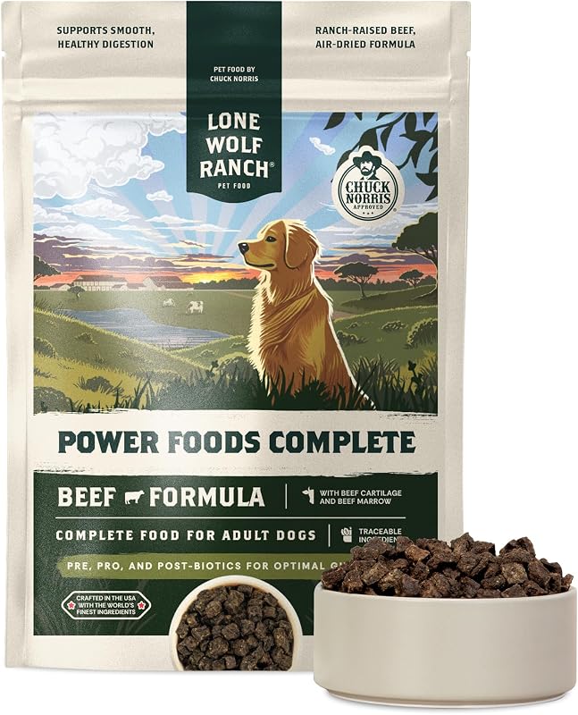 Ração seca para cães Chuck Norris Power Foods com carne bovina, desidratada ao ar, Lone Wolf Ranch, 680 g