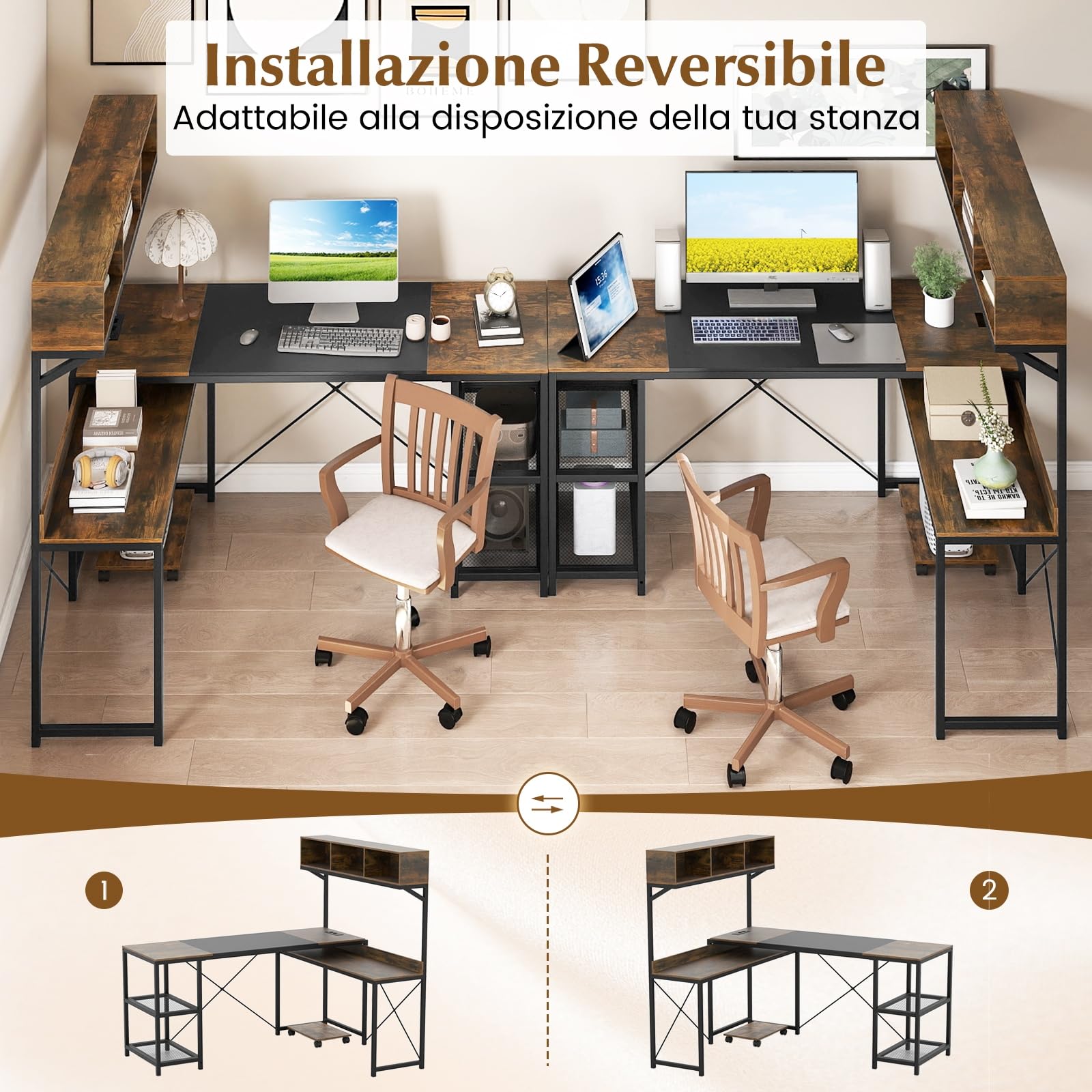COSTWAY Scrivania Angolare con Stazione di Ricarica, Scrivania ad Angolo Salvaspazio con Scomparti, Ripiani e Supporto CPU Mobile, Postazione di Lavoro Gaming Reversibile per Casa e Ufficio