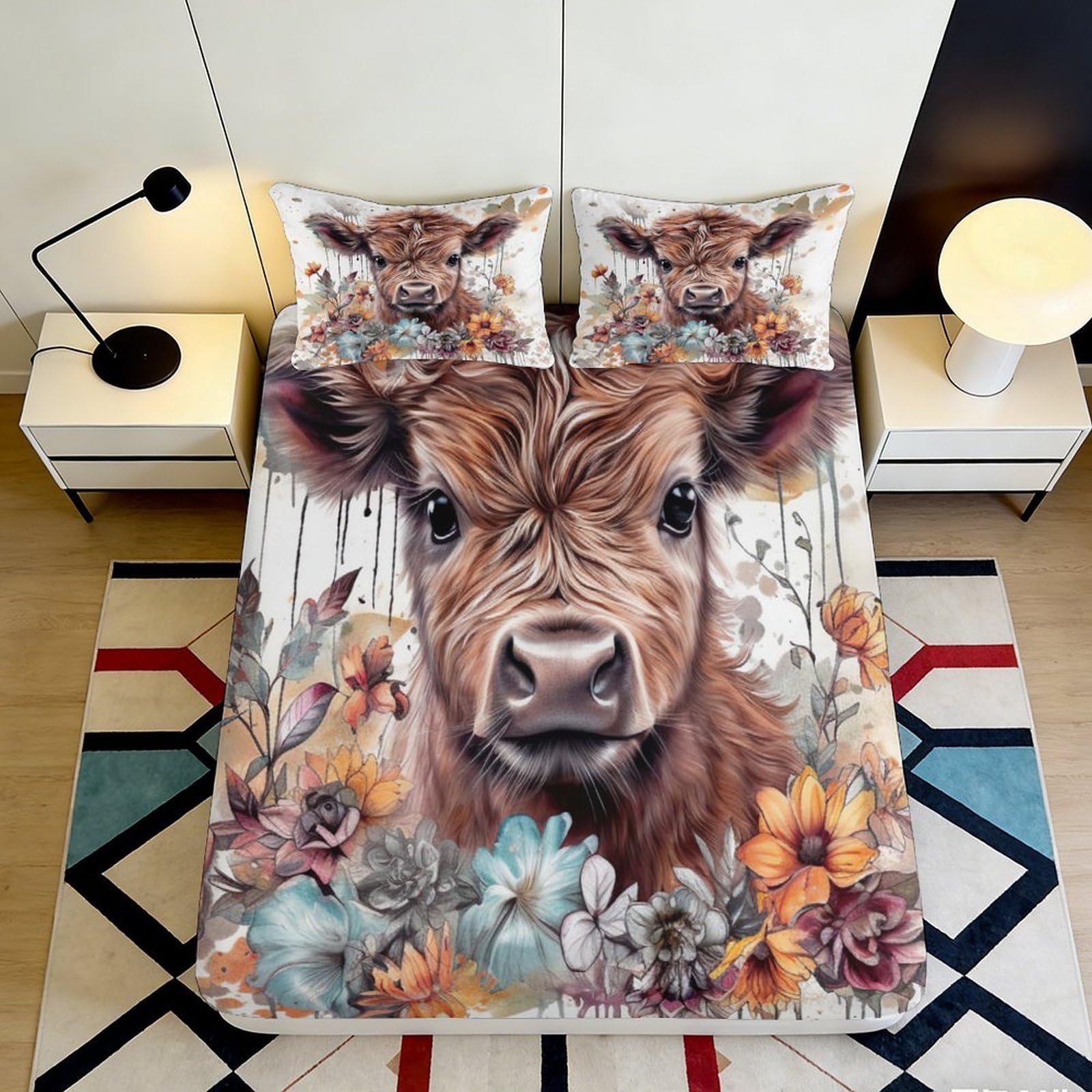 3D Printed Pastoral Cow Microfiber Fitted Sheet Non-Slip Deep Pocket Bedroom Bedding Cow Mattress Fitted Cover Washable for Adults 90x200x25cm