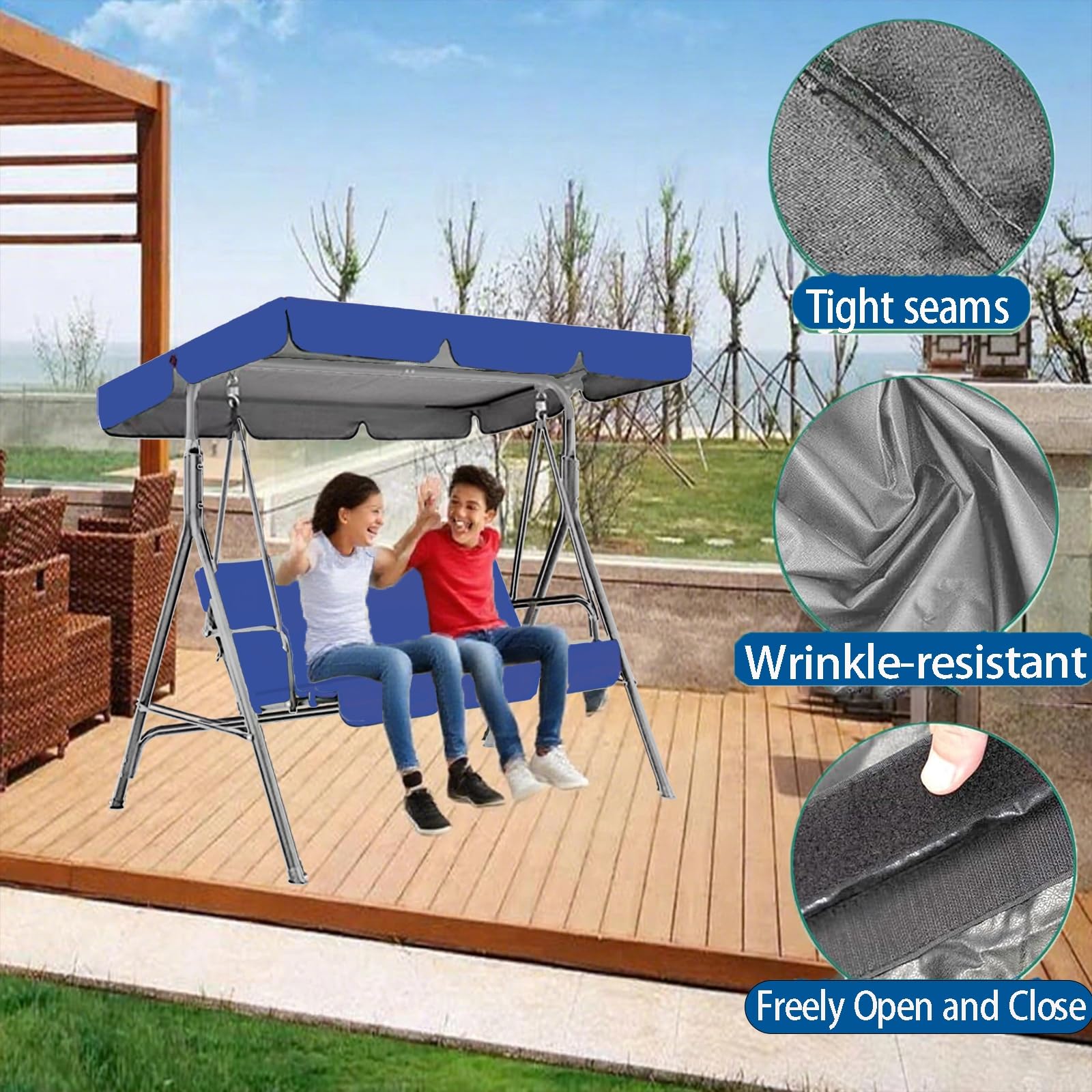 Kit de Rechange pour balancelle 2/3/4 Places avec Toit et Coussin d'assise réglables pour balancelle de Jardin,rotection Contre la Pluie et Le Soleil Housse Oxford 210D,Bleu,195 * 125 * 15cm