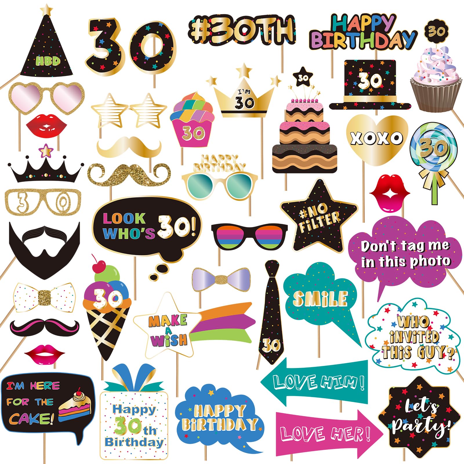 BRT Bearingshui 30th Photo Booth Props, 30th Accessories, Birthday Photo Booth and Signs for 30th, 30th Birthday Photo Booth Party Props, 30th Happy Birthday Party Decorations Supplies Favors