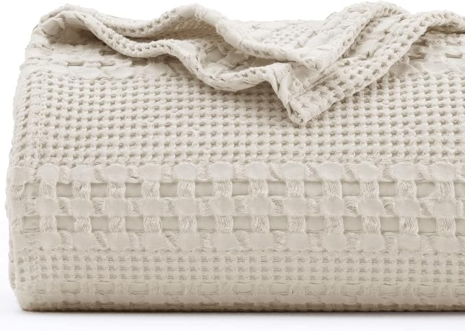 PHF 100% Cotton Waffle Weave Blanket King Size - Washed Soft Lightweight Blanket for All Season - Breathable and Skin-Friendly Blanket for Couch Bed Sofa 108"x90" - Natural/Linen