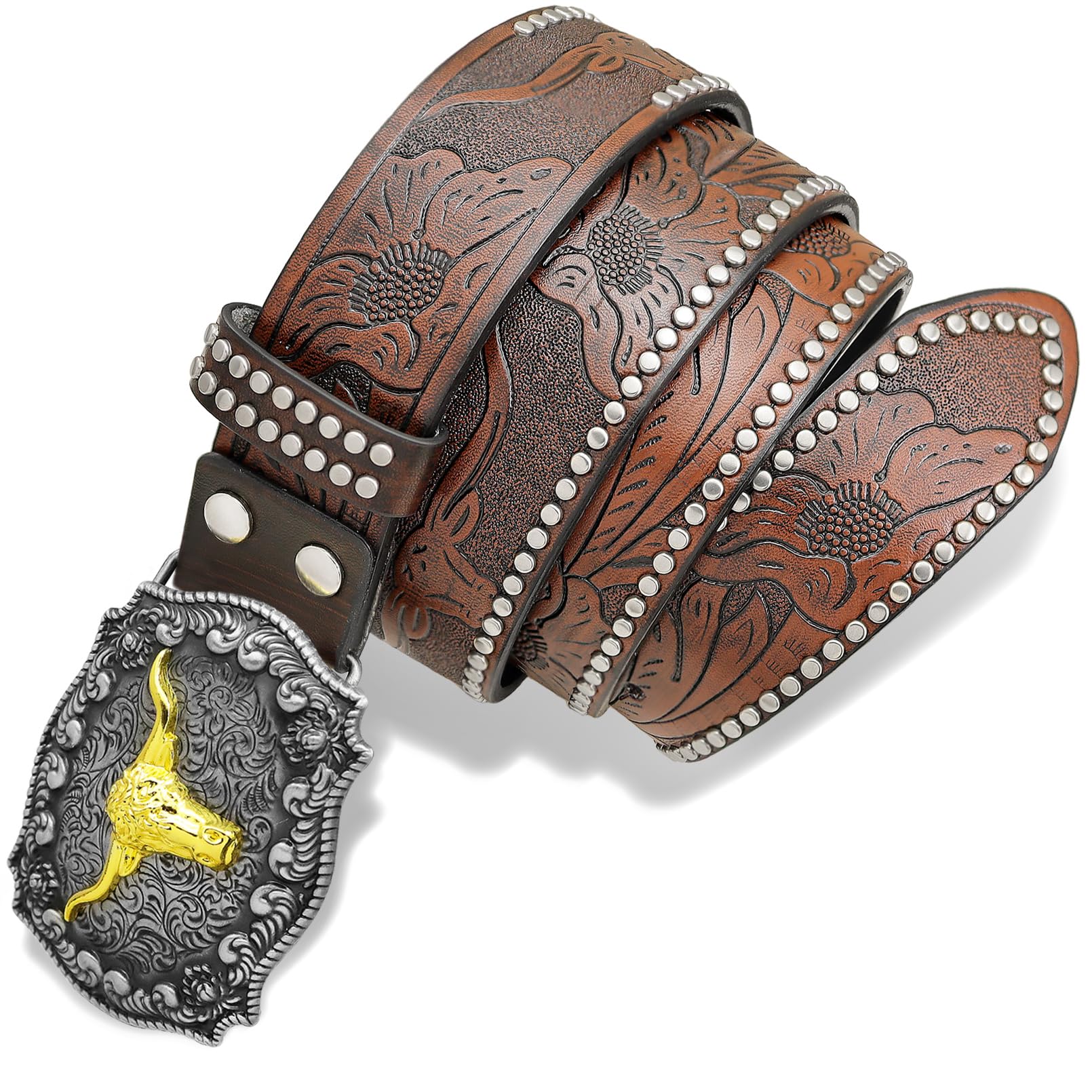 Yjfeshion Mens Western Leather Buckle Belt Studded Leather