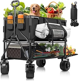 Double Decker Wagon Heavy Duty Collapsible, 600LBS 400L Capacity Foldable Utility Cart with Big Wheels for Beach, Outdoor, Camping & Gardening, Durable Steel Frame