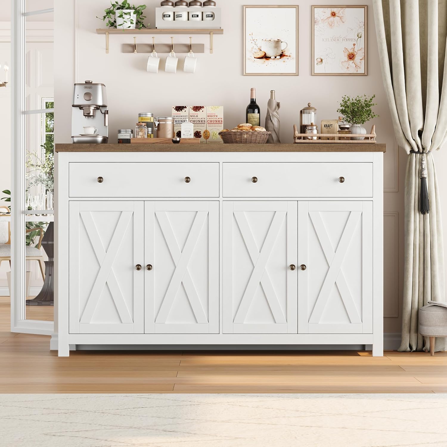 FOTOSOK Sideboard Buffet Cabinet with Storage, 55" Large Kitchen Storage Cabinet with 2 Drawers and 4 Doors, Wood Coffee Bar Buffet Table Console Table for Kitchen Dining Room, White
