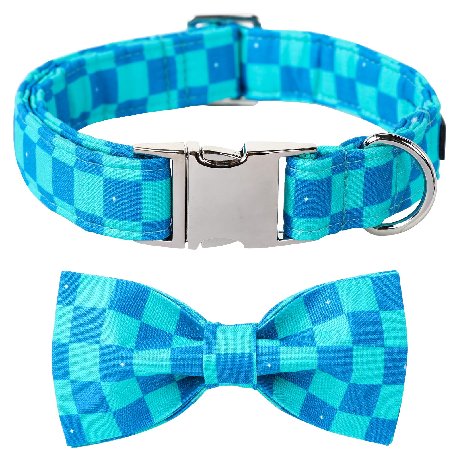 Maca Bates Blue Checkered Dog Collar with Bow Tie Plaid Puppy Bowtie Collars Fancy Gingham Collar for Summer Adjustable Durable Soft Breakaway for Boy