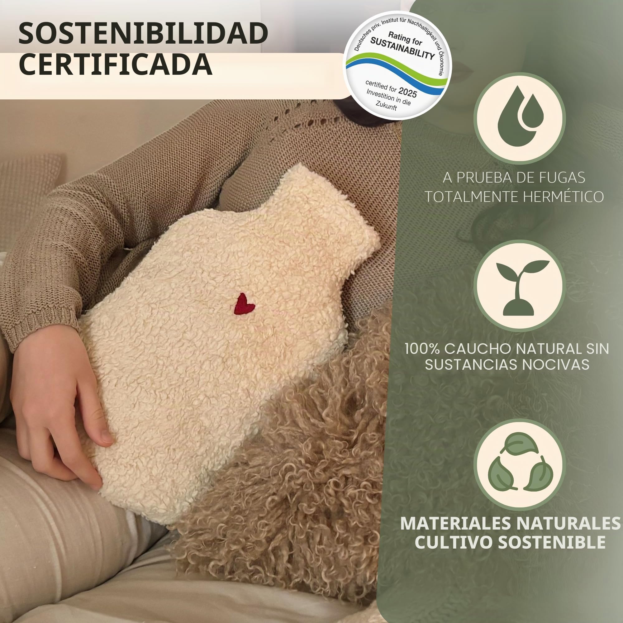 kontor28 - Bolsa de agua caliente con funda de 100% algodón orgánico súper suave, hecha a mano, fabricada en Alemania, a prueba de fugas, inodoro y analgésico para niños y adultos - 2,0 litros