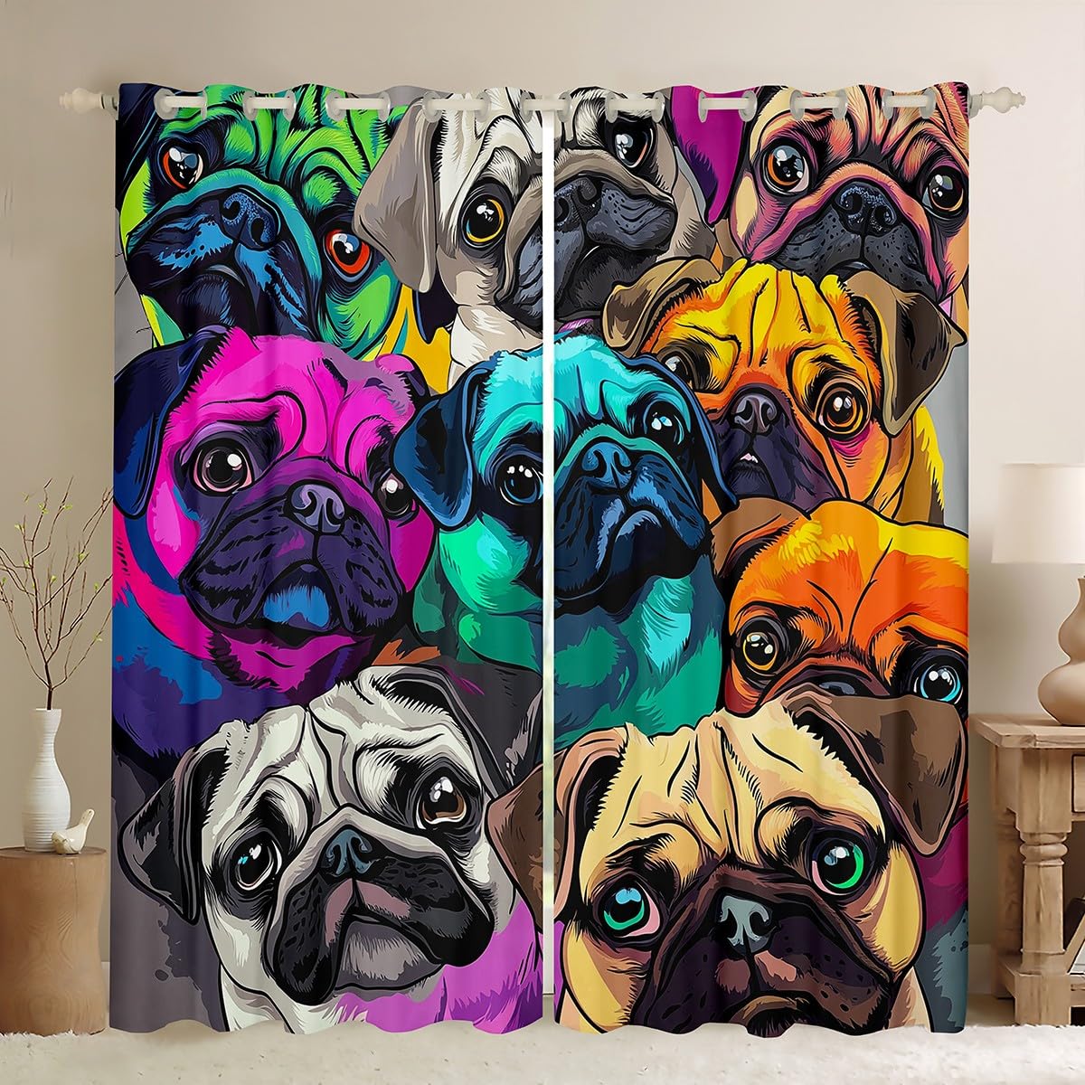 Erosebridal Pug Window Curtains Lovely Pug Dog Window Drapes Colorful Pugs Curtain Panels for Kids Boys Girls Cartoon Pet Animals Window Treatments Living Room Decor 38W x45L Child Room Decor